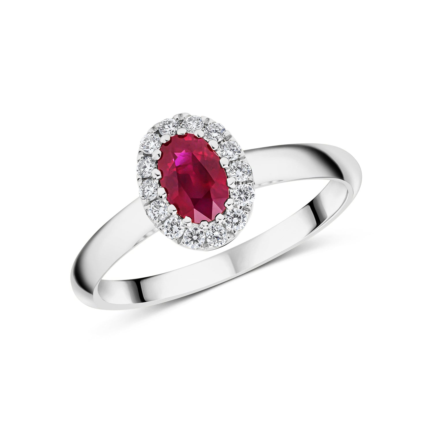 18ct White Gold Oval Ruby and Round Diamond Halo Cluster Ring — 6x4mm