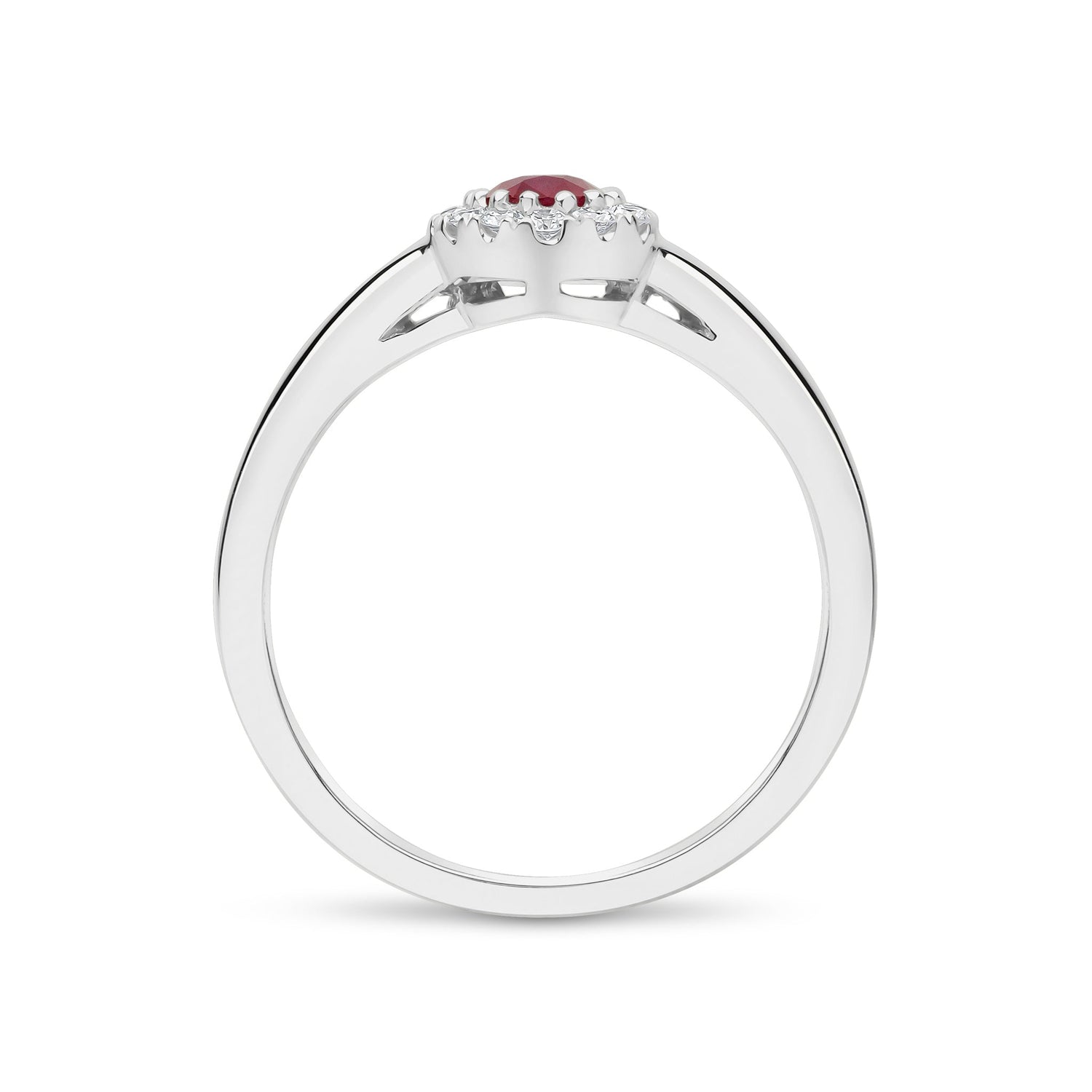 18ct White Gold Oval Ruby and Round Diamond Halo Cluster Ring — 6x4mm