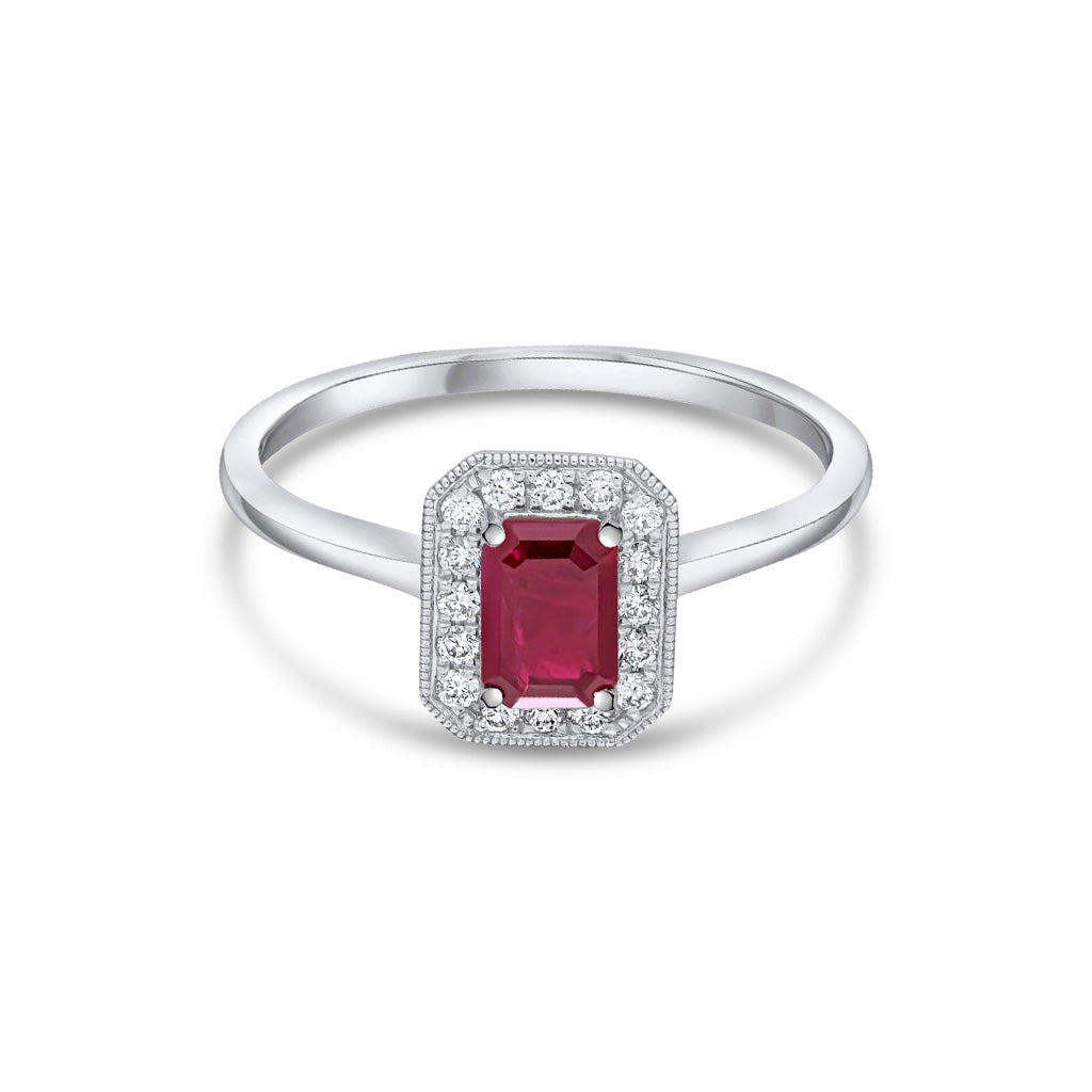 18ct White Gold Octagonal Emerald Cut Natural Ruby and Diamond Cluster Ring