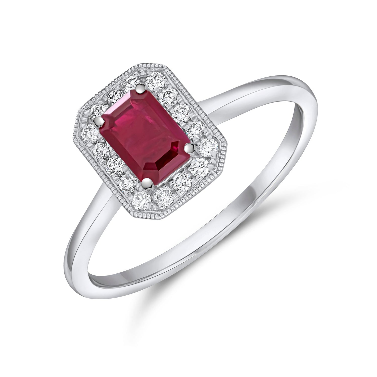 18ct White Gold Emerald Cut Ruby & Diamond Cluster Ring
