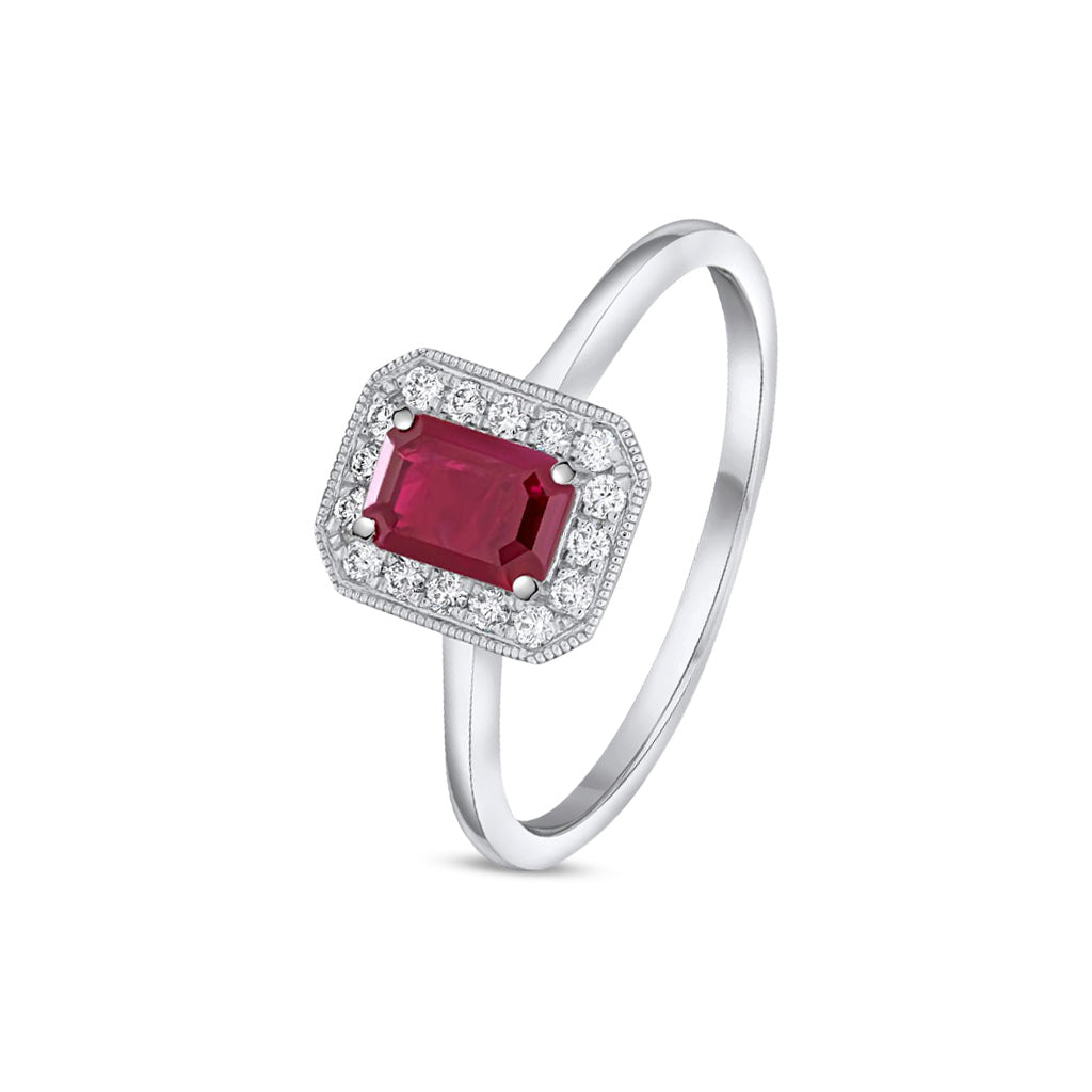 18ct White Gold Octagonal Emerald Cut Natural Ruby and Diamond Cluster Ring