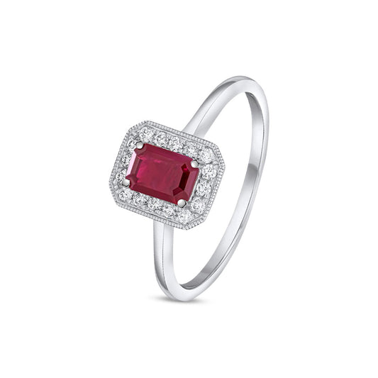 18ct White Gold Octagonal Emerald Cut Natural Ruby and Diamond Cluster Ring