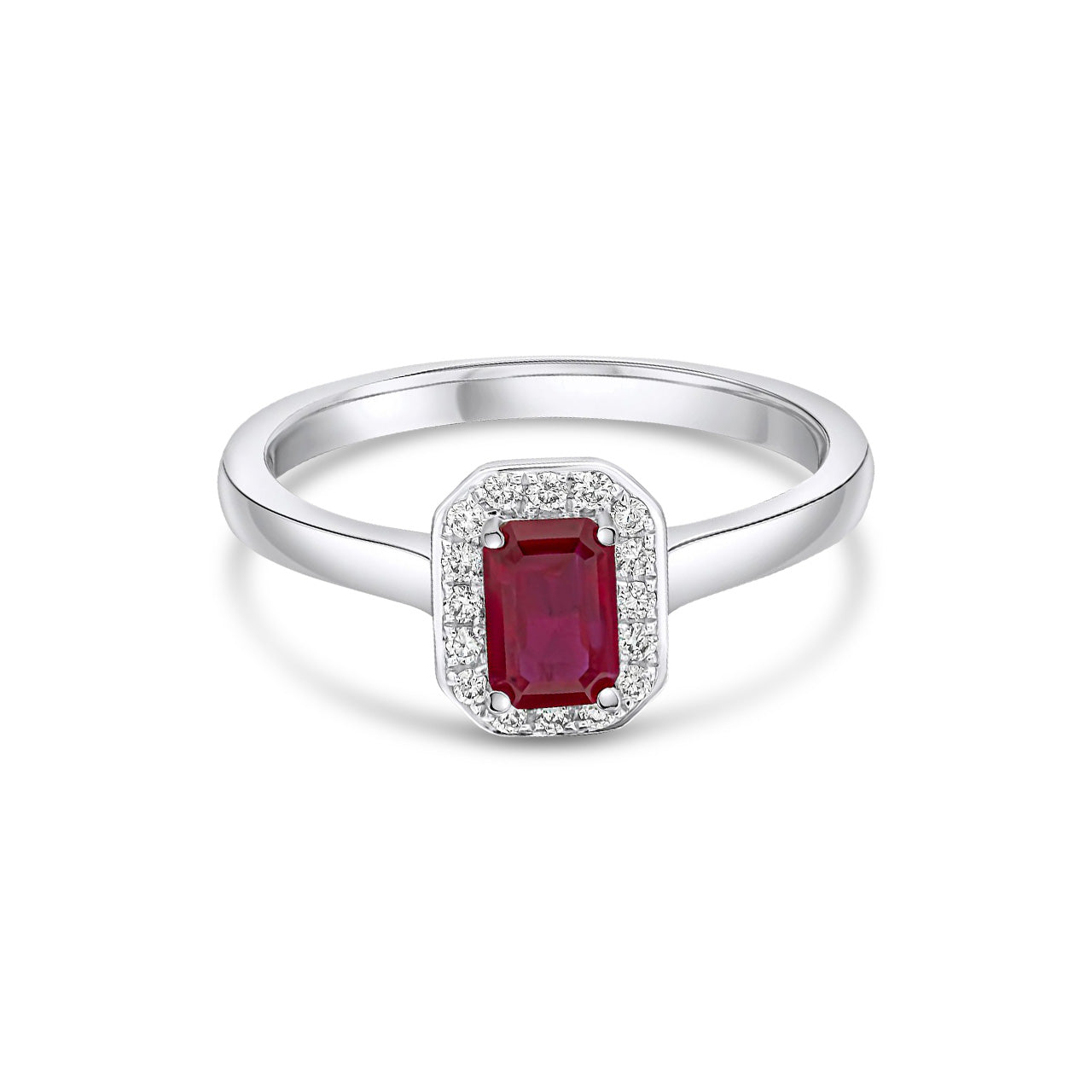 18ct White Gold Claw Octagonal Emerald Cut Natural Ruby and Diamond Cluster Ring — 6x4mm