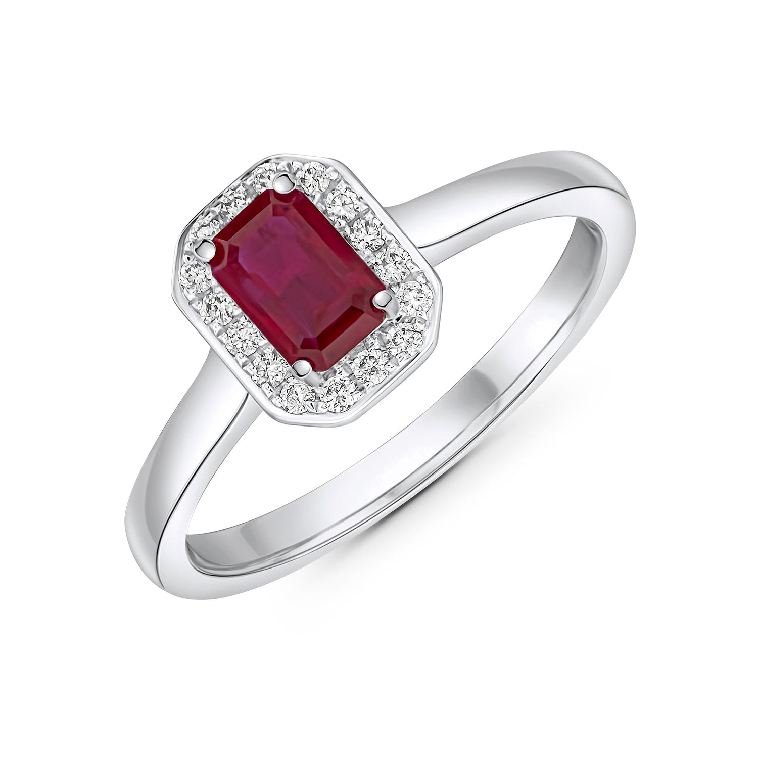 18ct White Gold Claw Set Octagonal Natural Ruby and Diamond Cluster Ring — 6x4mm