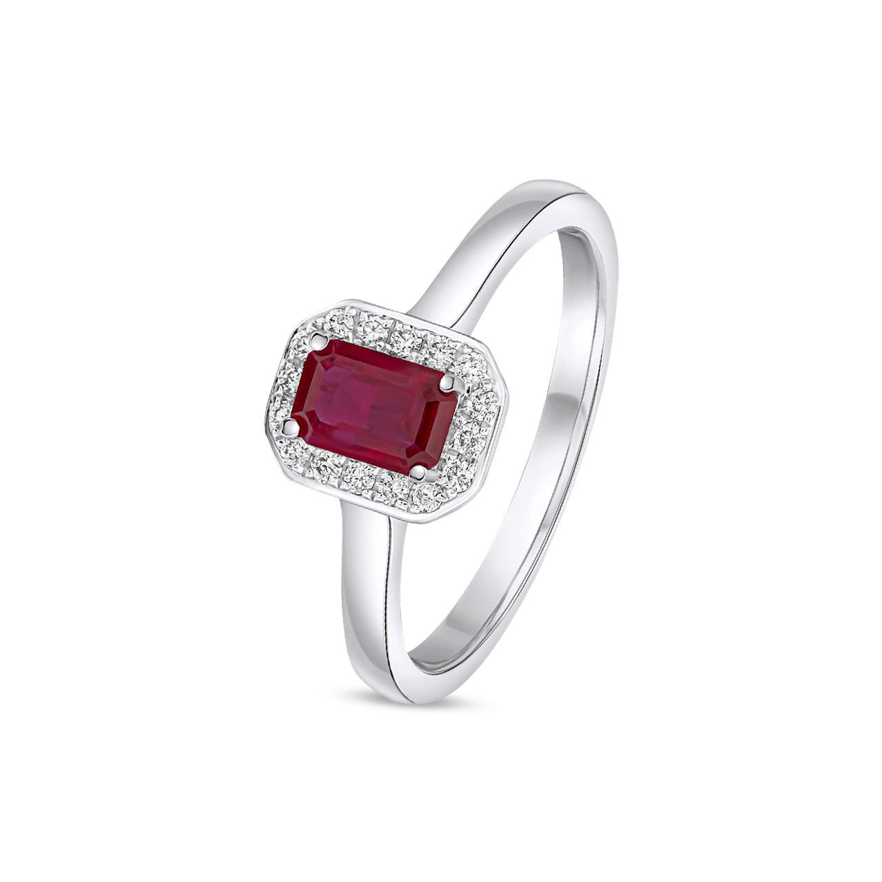 18ct White Gold Claw Octagonal Emerald Cut Natural Ruby and Diamond Cluster Ring — 6x4mm
