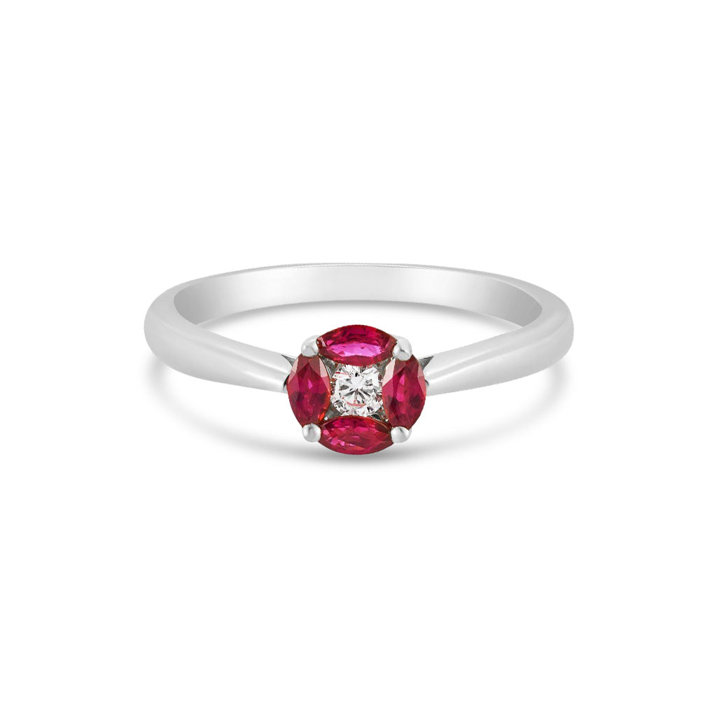 18ct White Gold Natural Ruby Petal and Diamond Cluster Ring