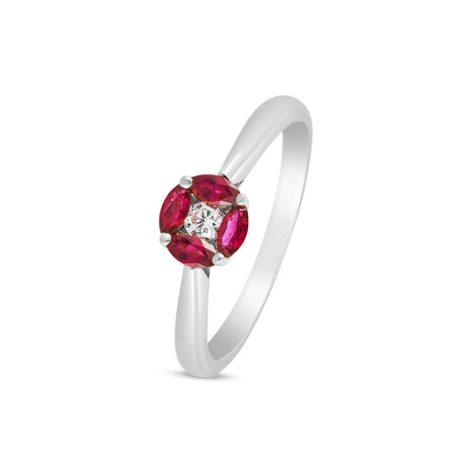 18ct White Gold Natural Ruby Petal and Diamond Cluster Ring