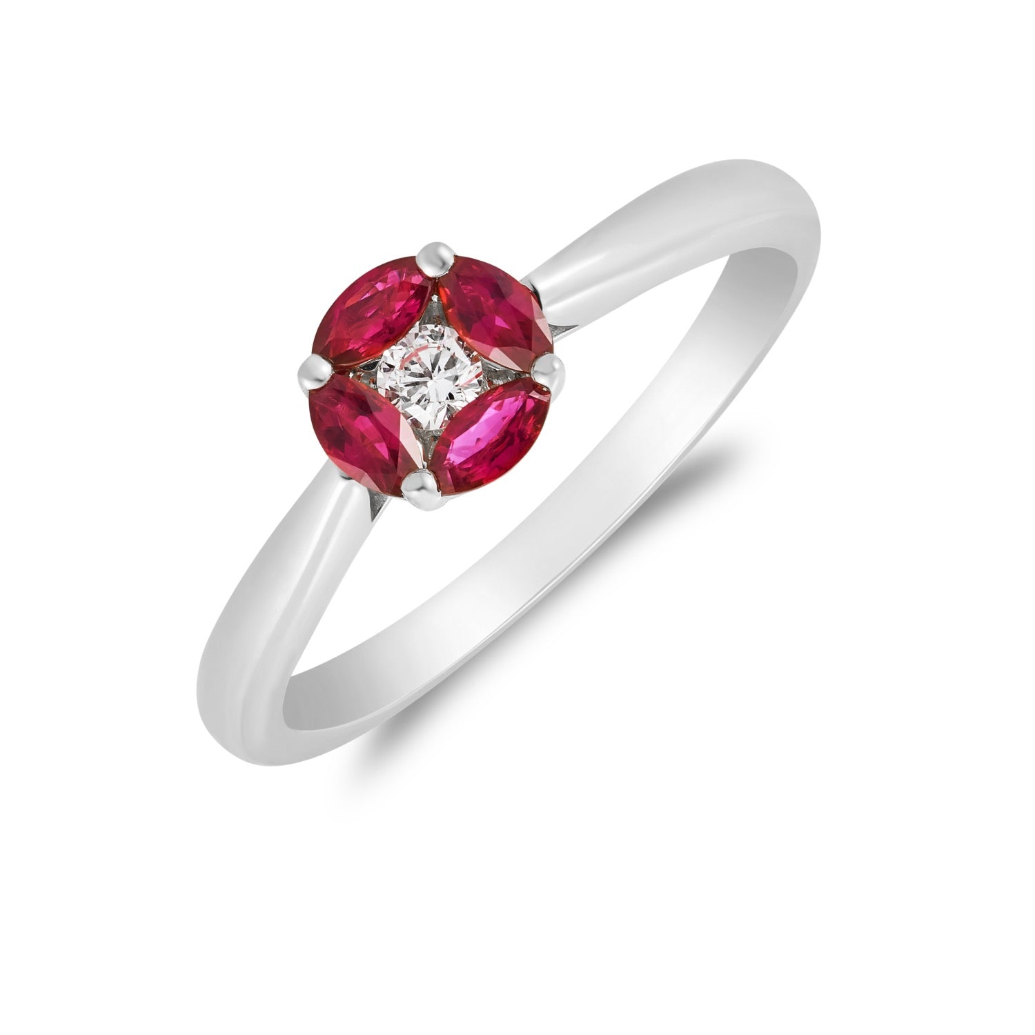 18ct White Gold Ruby Petal & Diamond Cluster Ring