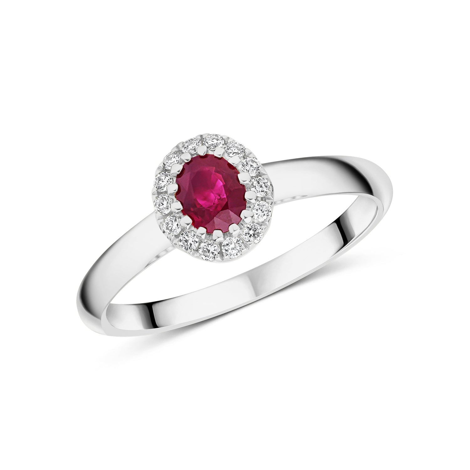18ct White Gold Oval Ruby and Round Diamond Halo Cluster Ring — 5x4mm