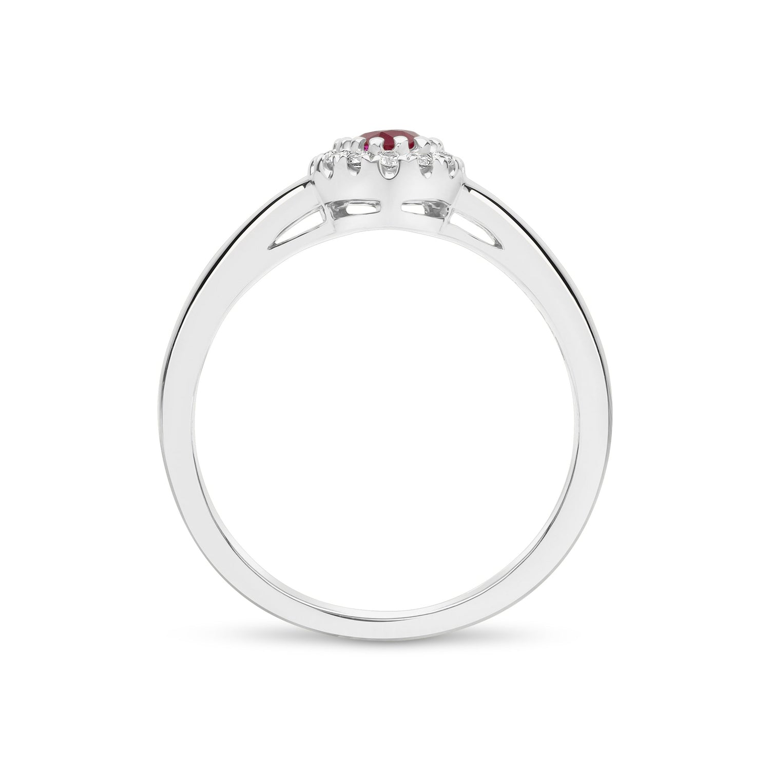 18ct White Gold Oval Ruby and Round Diamond Halo Cluster Ring — 5x4mm