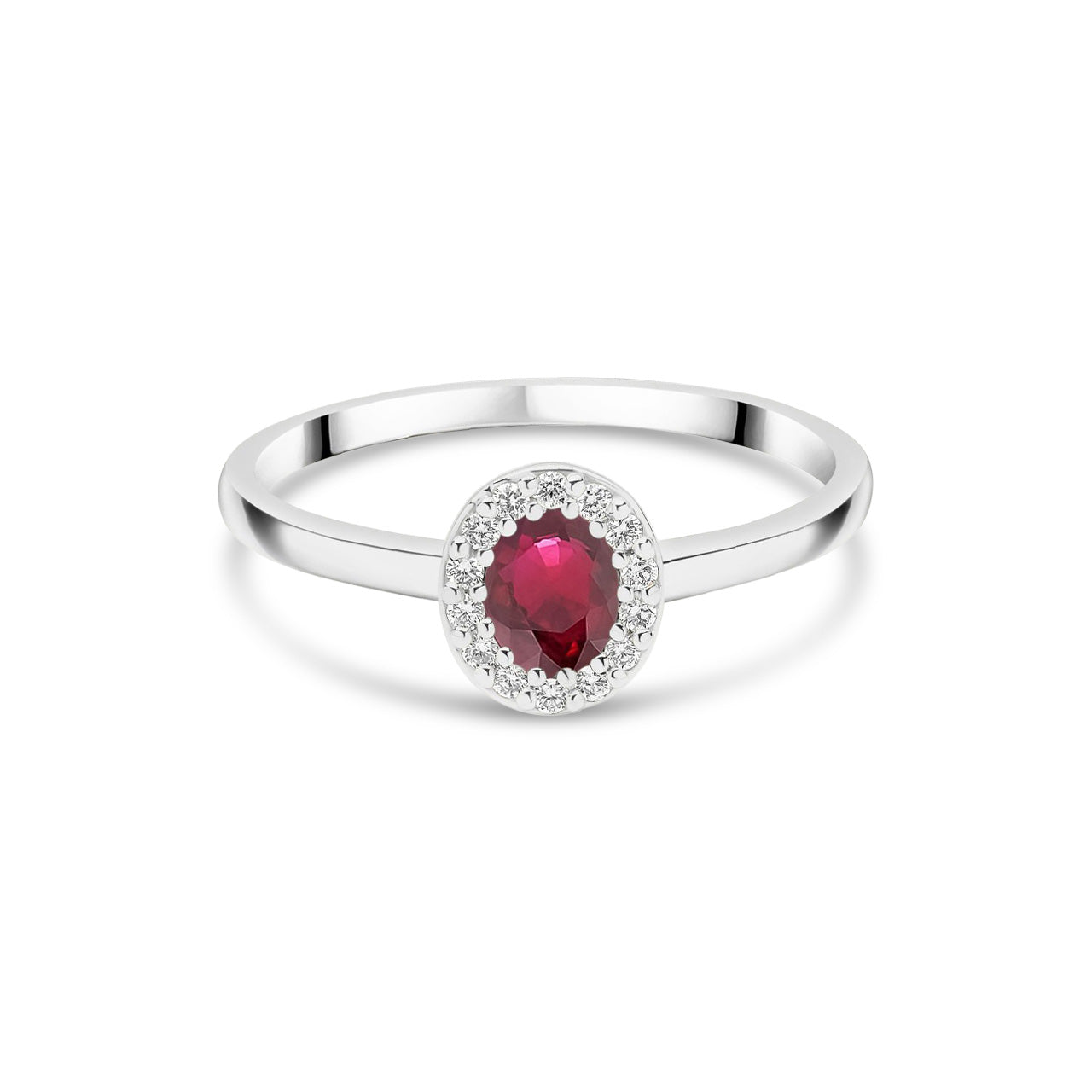 18ct White Gold Oval Natural Ruby and Diamond Halo Cluster Ring