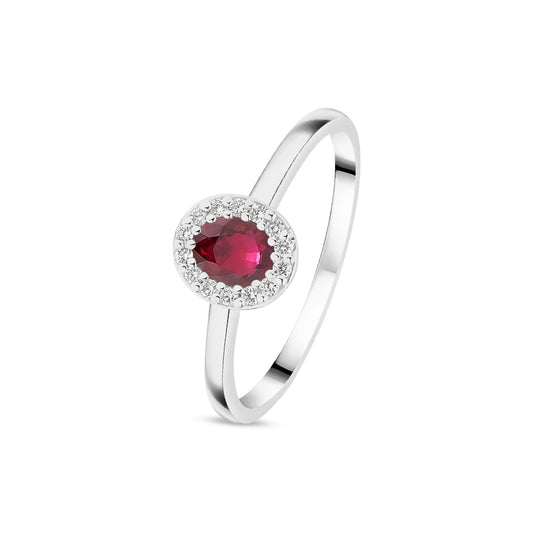 18ct White Gold Oval Natural Ruby and Diamond Halo Cluster Ring