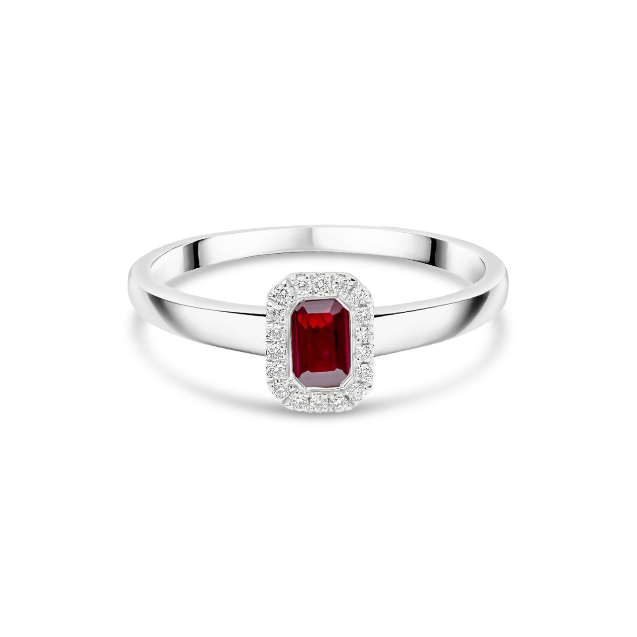 18ct White Gold Octagonal Emerald Cut Natural Ruby and Diamond Halo Cluster Ring