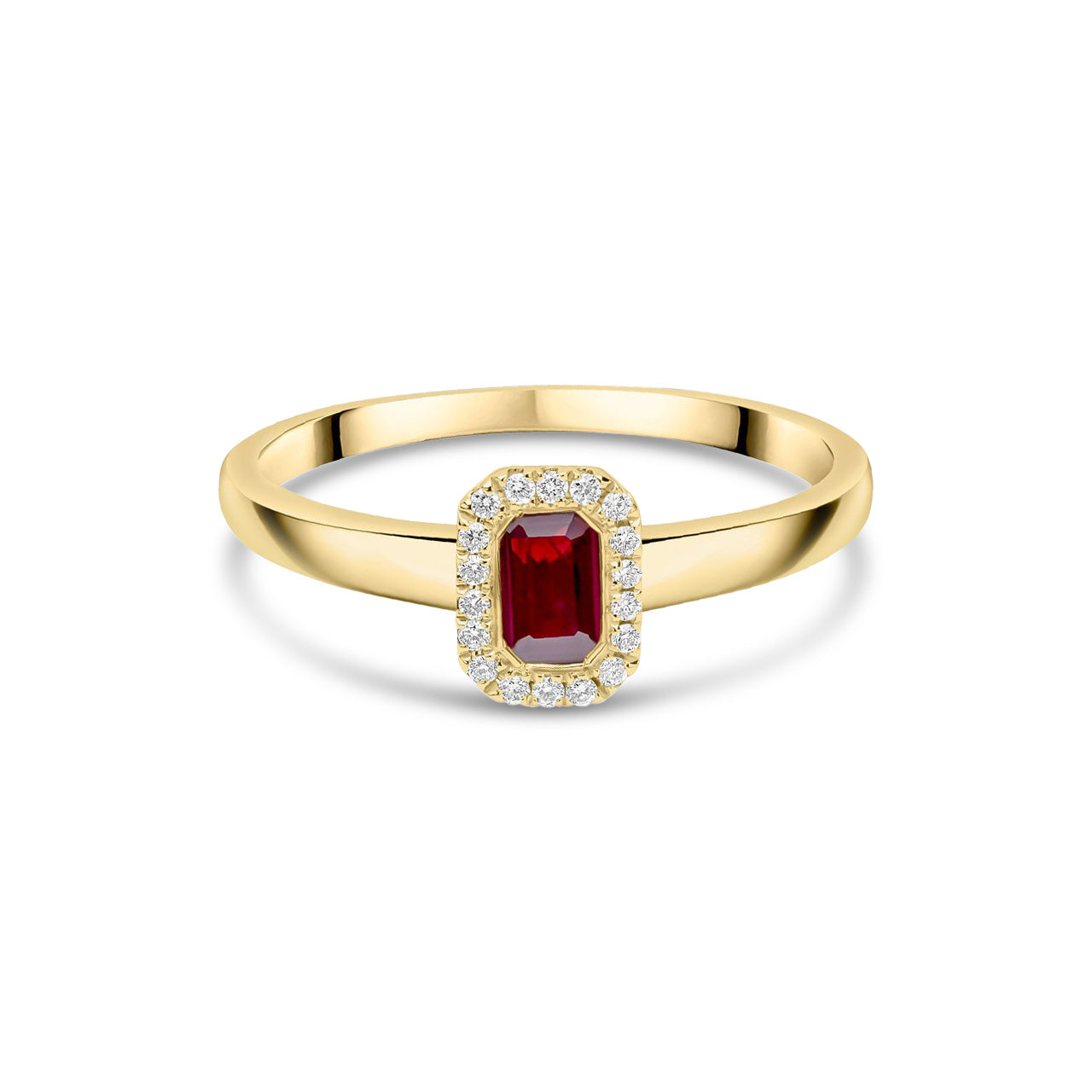 18ct Yellow Gold Octagonal Emerald Cut Natural Ruby and Diamond Halo Cluster Ring