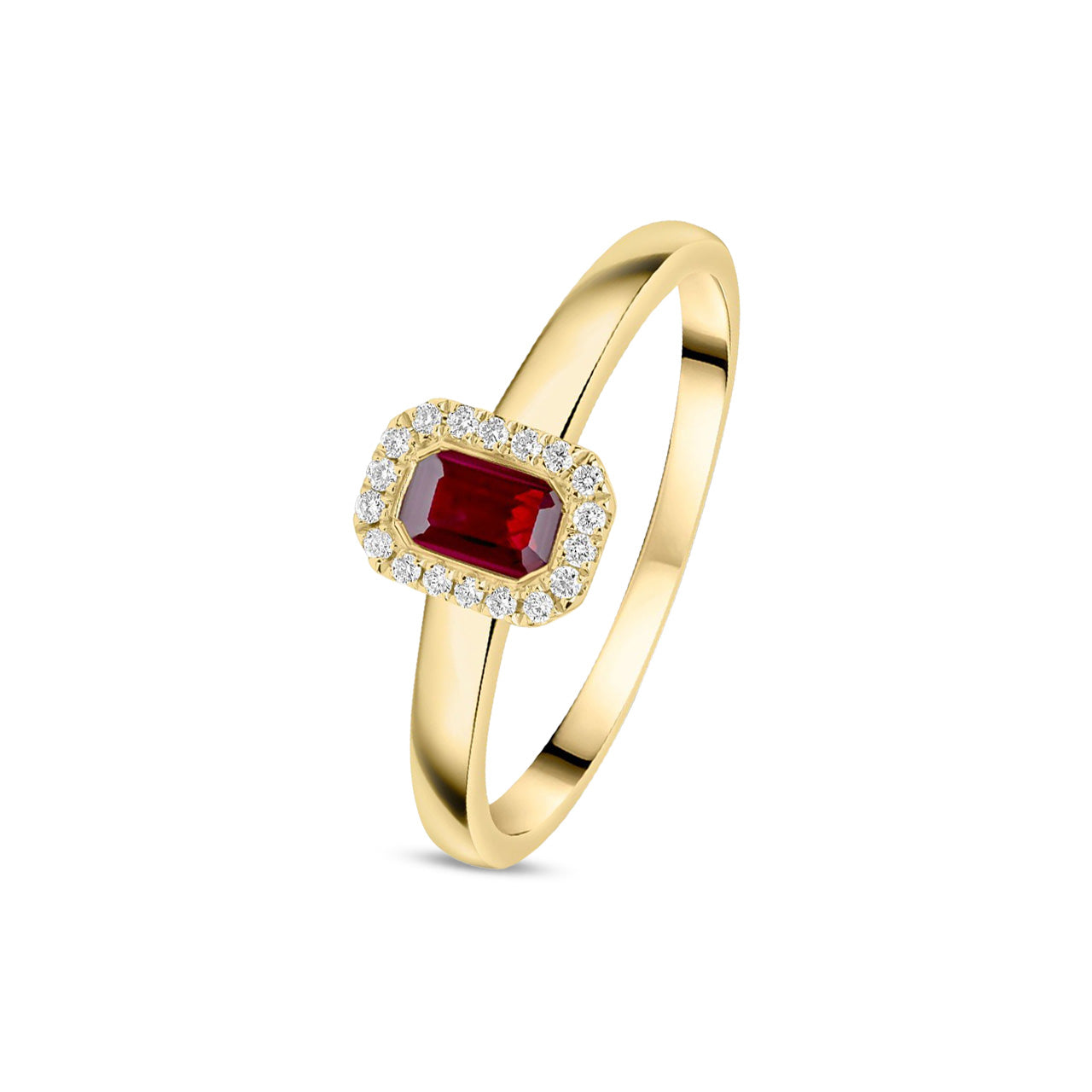 18ct Yellow Gold Octagonal Emerald Cut Natural Ruby and Diamond Halo Cluster Ring