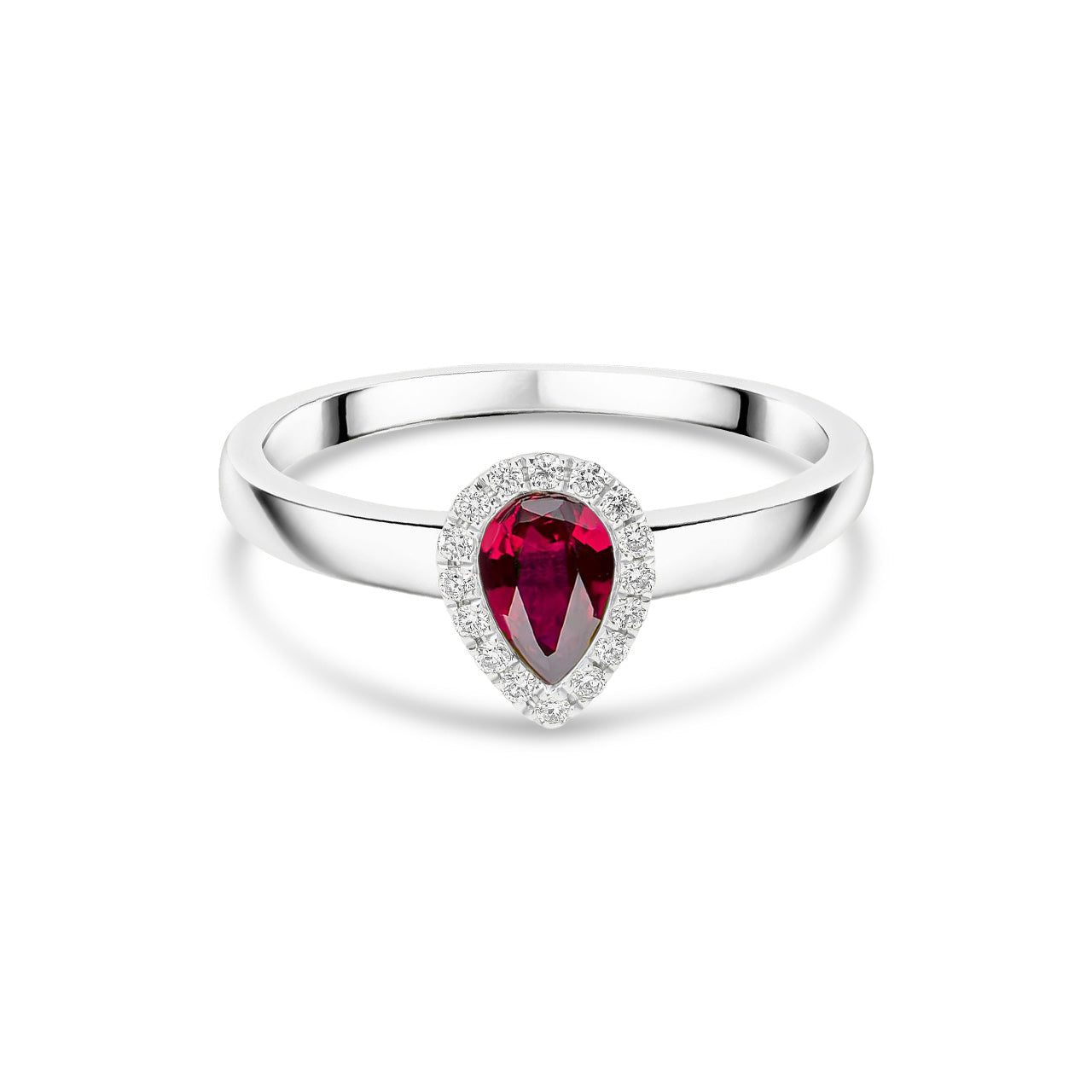 18ct White Gold Pear Shaped Natural Ruby and Diamond Halo Cluster Ring