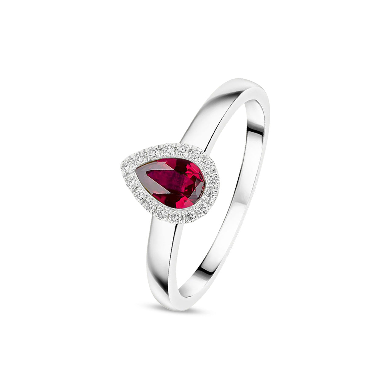 18ct White Gold Pear Shaped Natural Ruby and Diamond Halo Cluster Ring