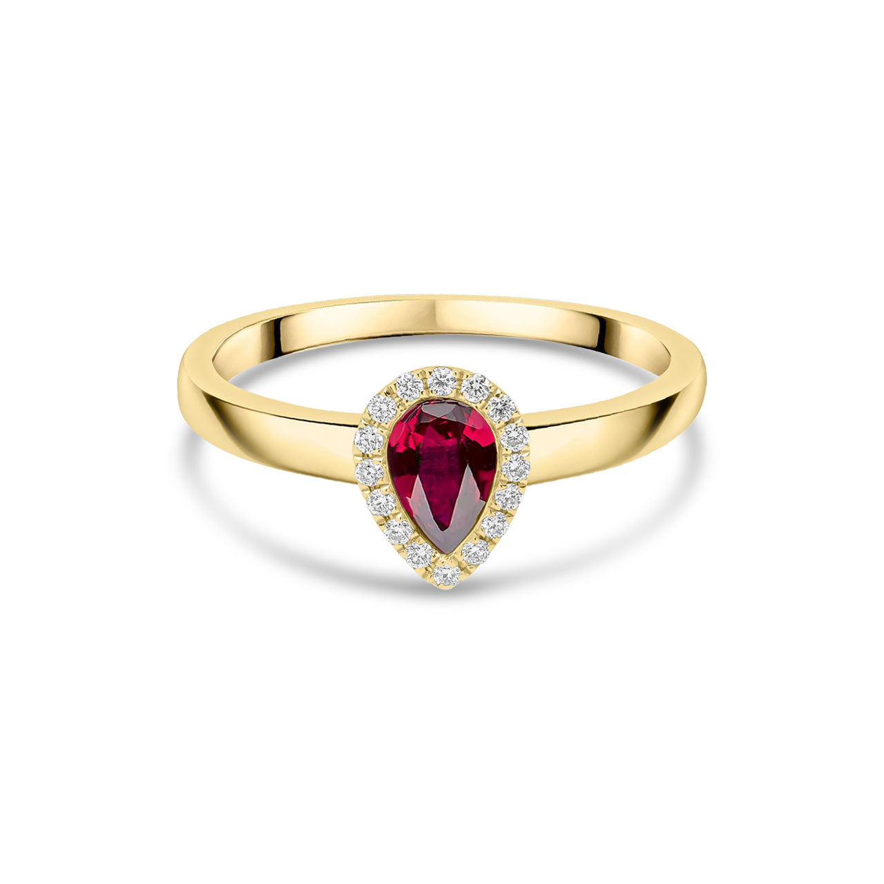 18ct Yellow Gold Pear Shaped Natural Ruby and Diamond Halo Cluster Ring