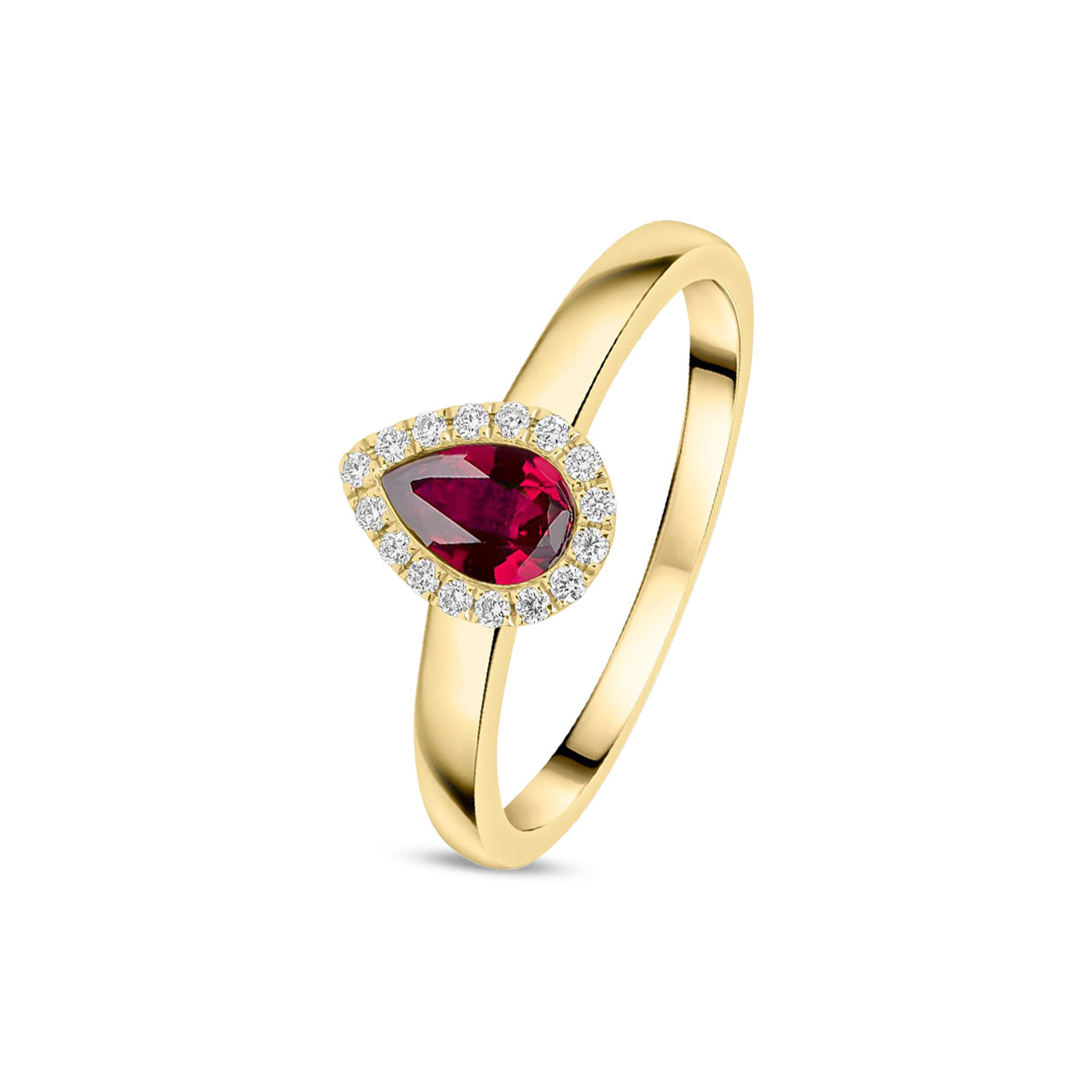 18ct Yellow Gold Pear Shaped Natural Ruby and Diamond Halo Cluster Ring