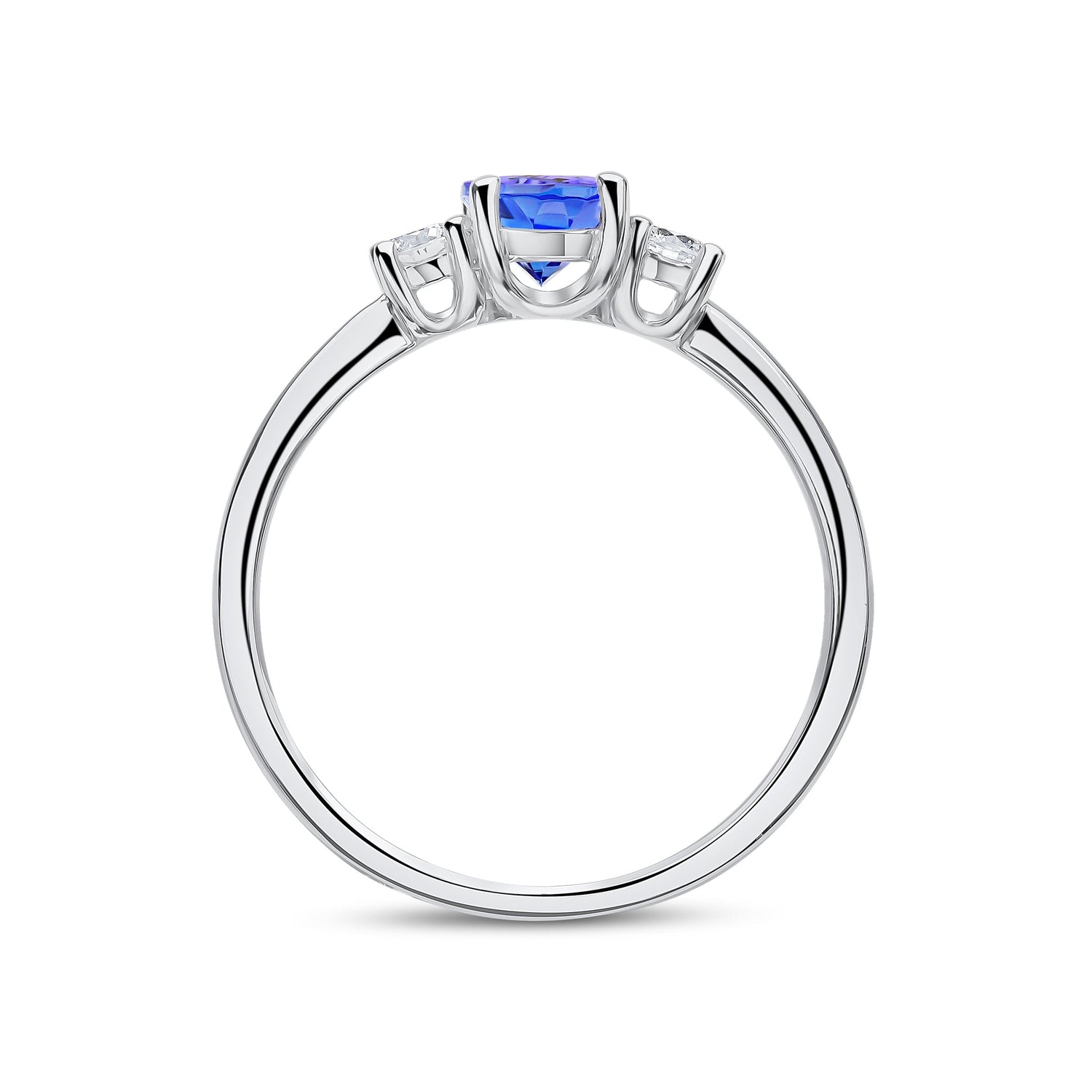 18ct White Gold Oval Tanzanite and Round Diamond Claw Three Stone Ring — 7x5mm