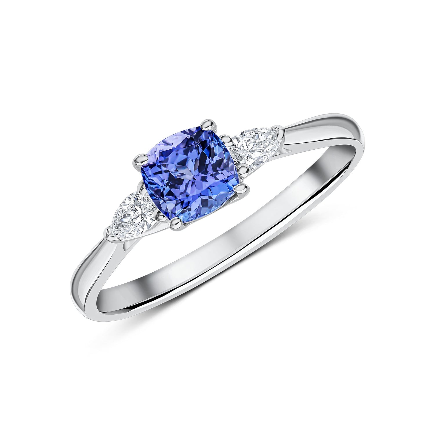 18ct White Gold Cushion Natural Tanzanite and Pear Cut Diamond Three Stone Ring — 5mm