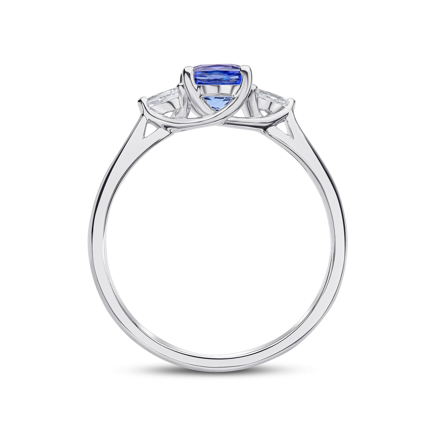 18ct White Gold Cushion Natural Tanzanite and Pear Cut Diamond Three Stone Ring — 5mm