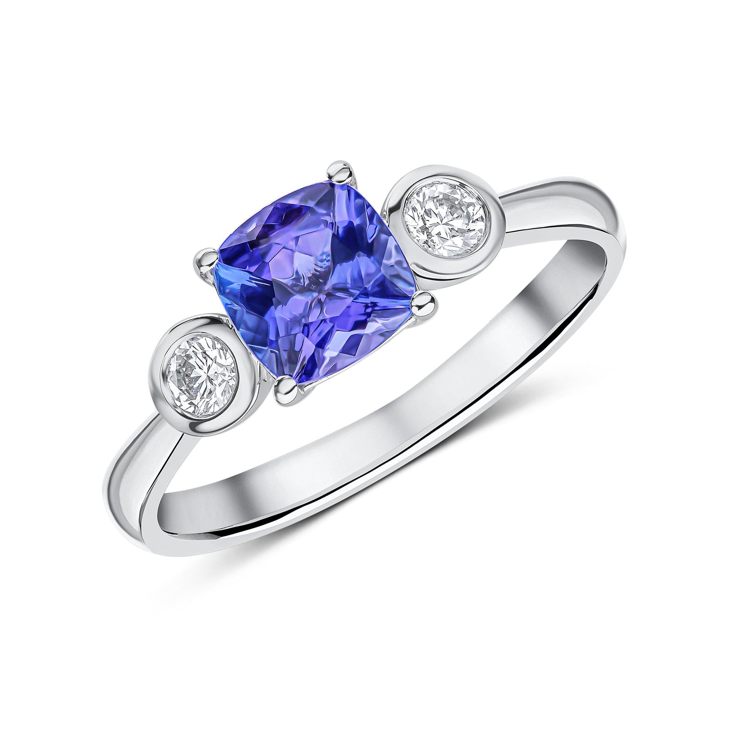 18ct White Gold Cushion Natural Tanzanite Claw and Round Diamond Rubover Three Stone Ring — 6mm