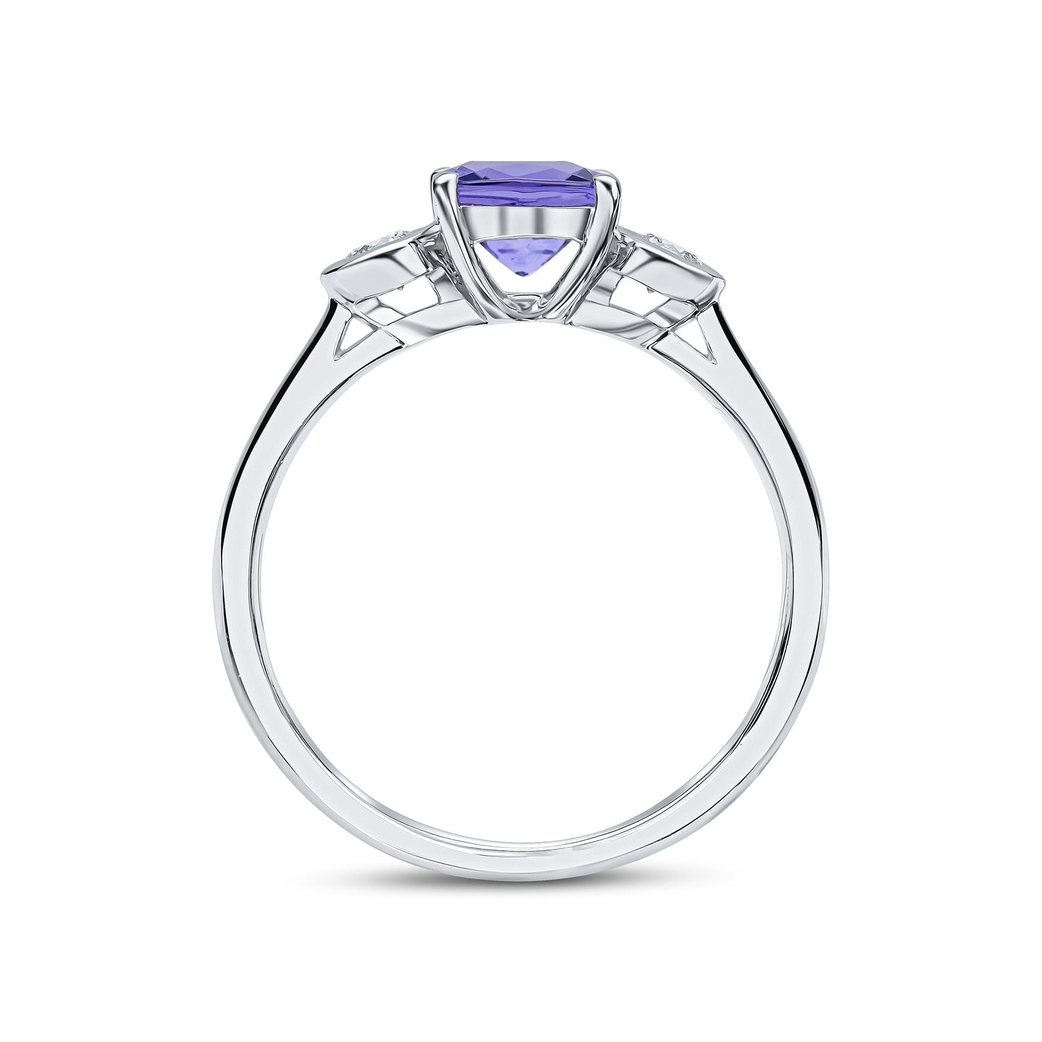 18ct White Gold Cushion Natural Tanzanite Claw and Round Diamond Rubover Three Stone Ring — 6mm