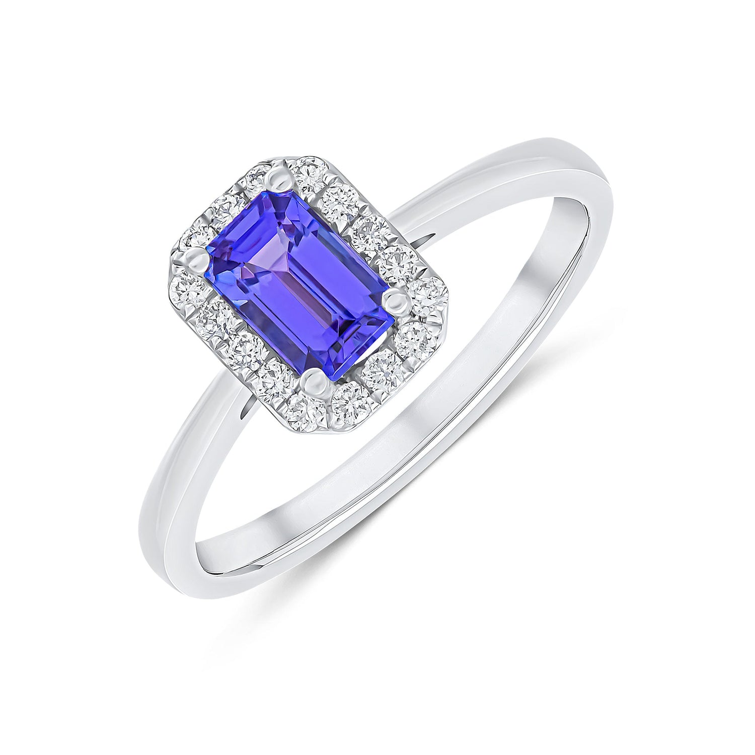 18ct White Gold Emerald Cut Natural Tanzanite and Round Diamond Claw Set Cluster Ring — 6x4mm