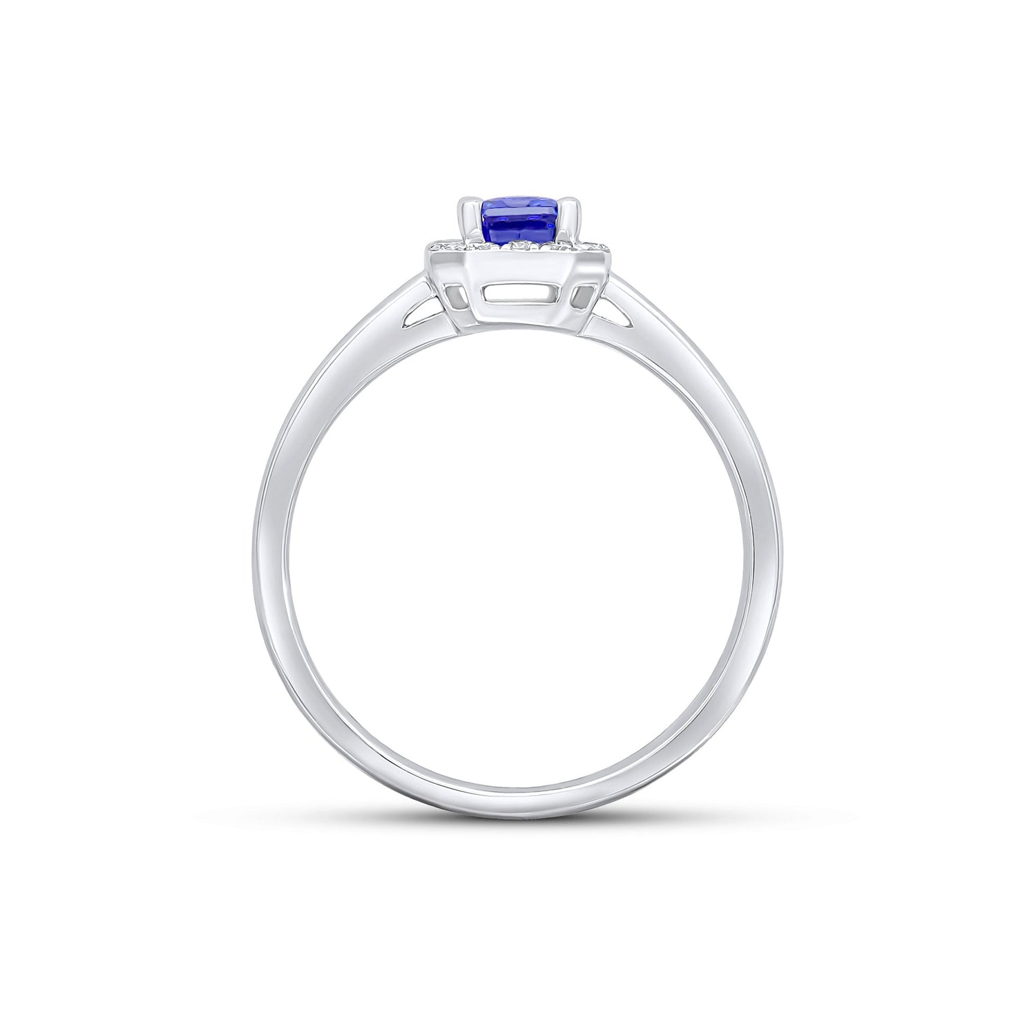 18ct White Gold Emerald Cut Natural Tanzanite and Round Diamond Claw Set Cluster Ring — 6x4mm