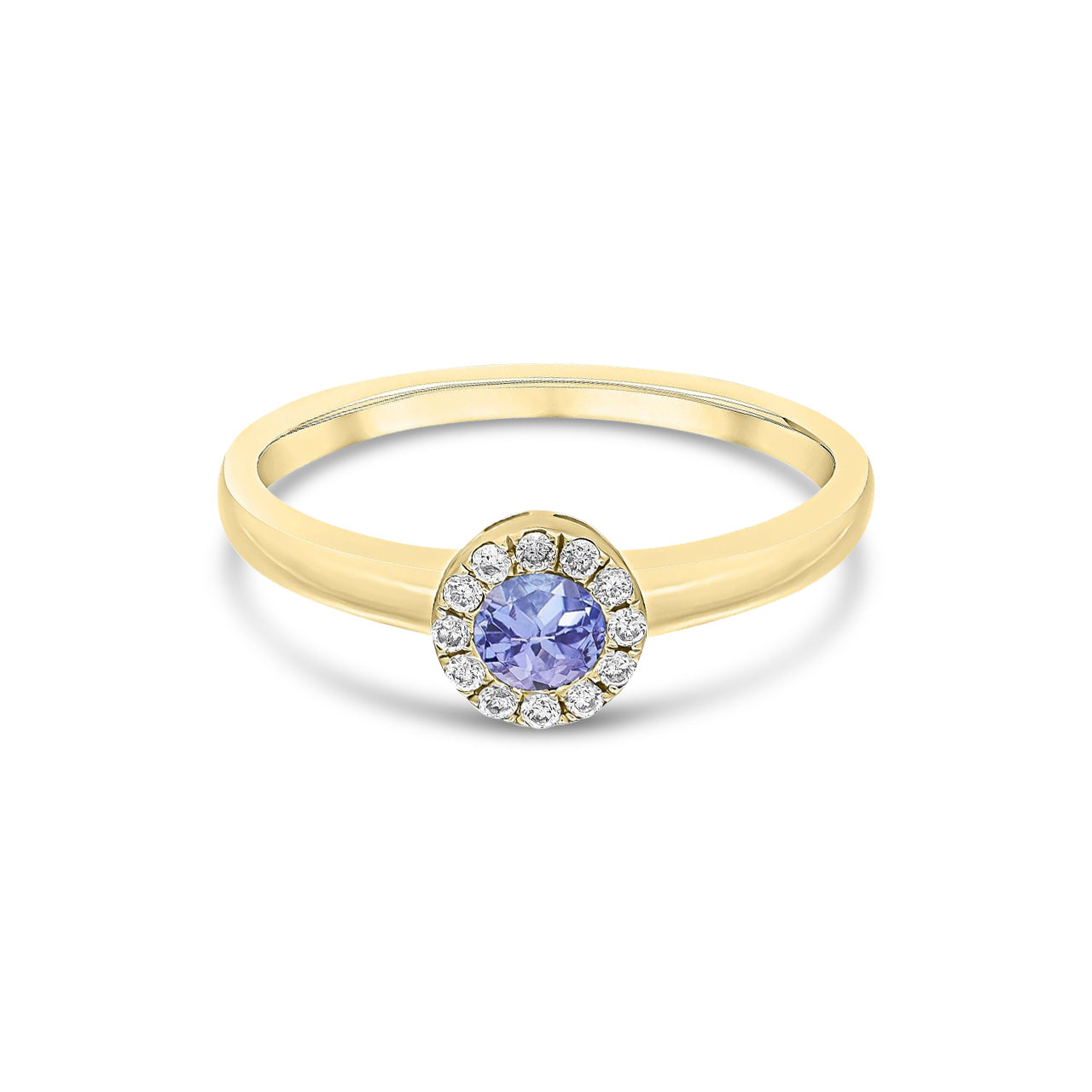 18ct Yellow Gold Round Natural Tanzanite and Diamond Halo Cluster Ring
