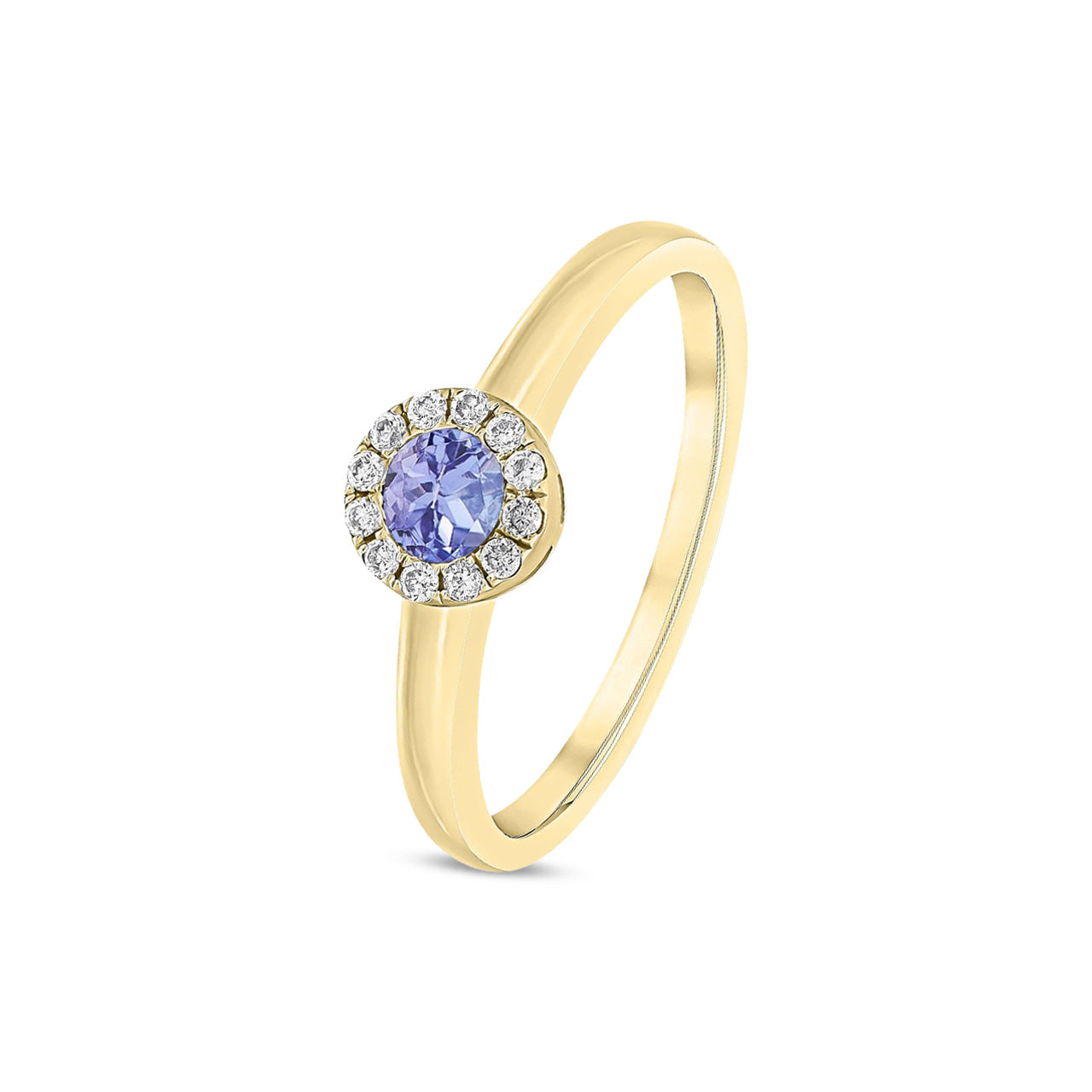 18ct Yellow Gold Round Natural Tanzanite and Diamond Halo Cluster Ring