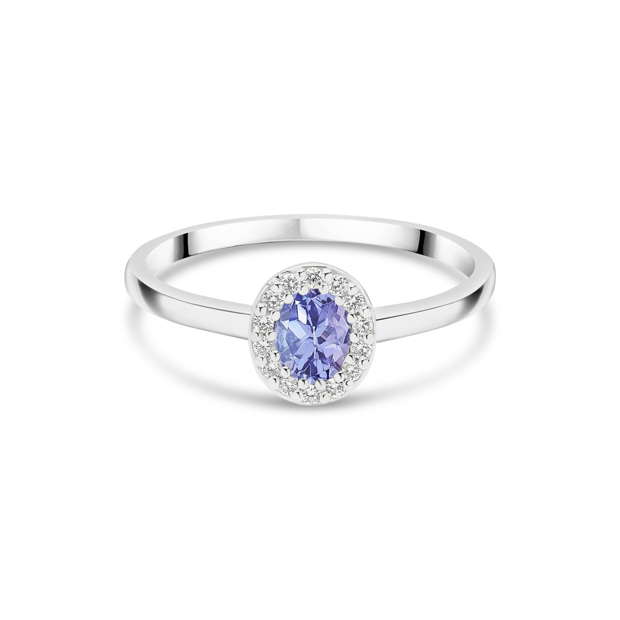 18ct White Gold Oval Natural Tanzanite and Diamond Halo Cluster Ring
