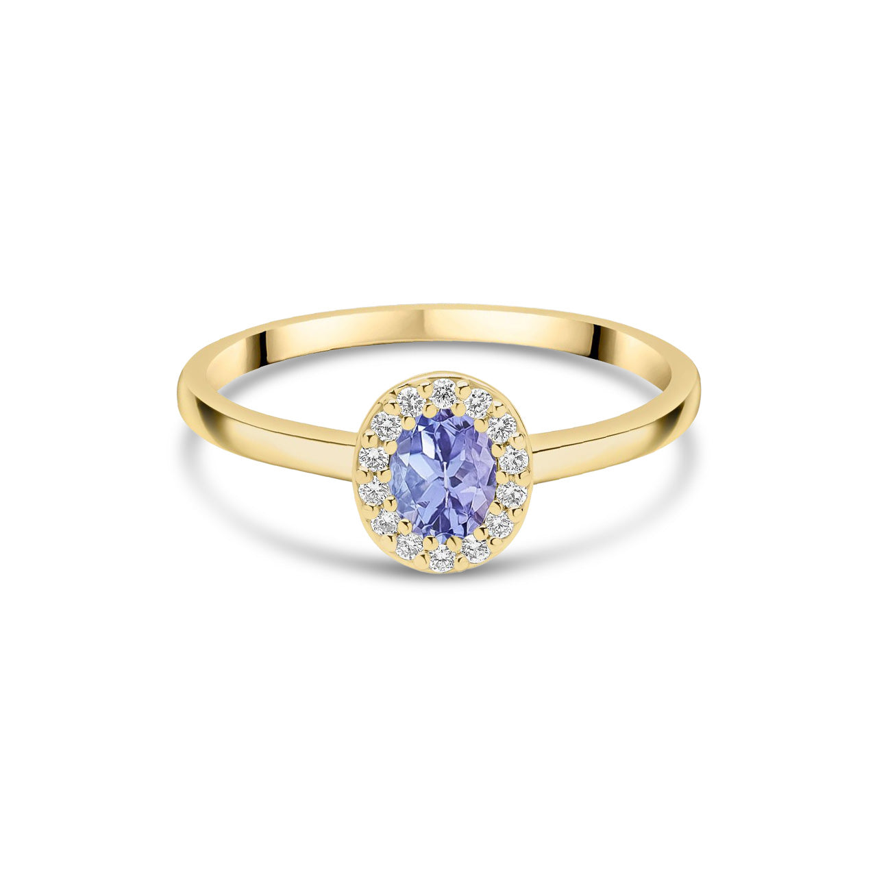 18ct Yellow Gold Oval Natural Tanzanite and Diamond Halo Cluster Ring