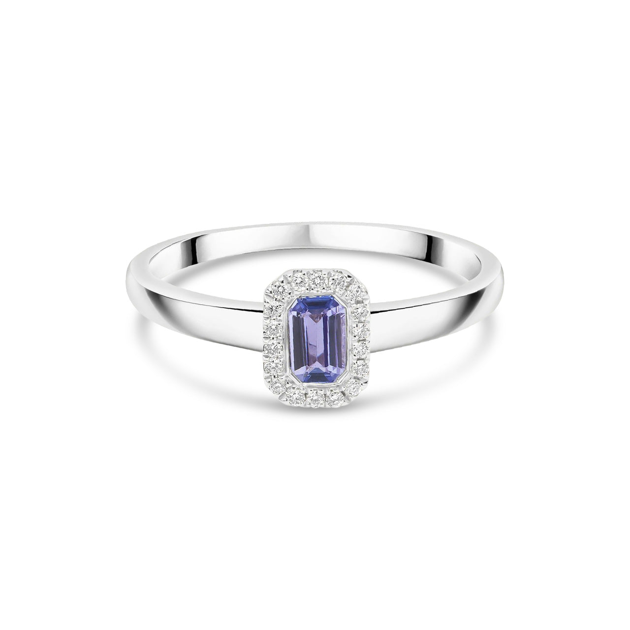 18ct White Gold Octagonal Emerald Cut Natural Tanzanite and Diamond Halo Cluster Ring