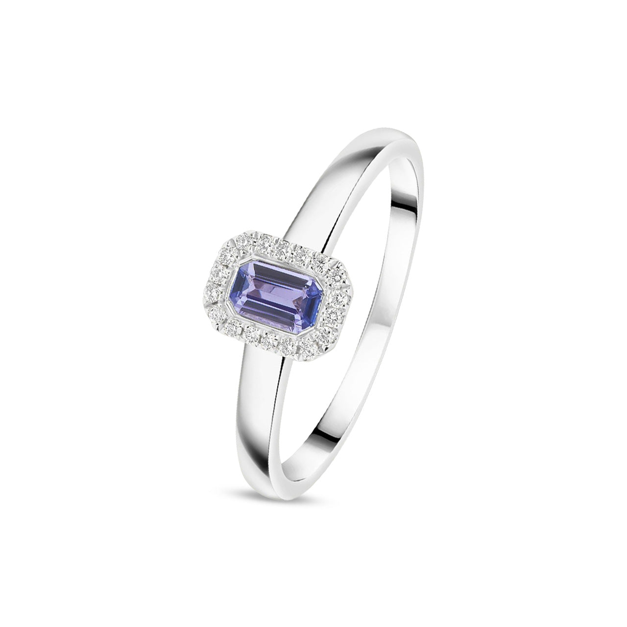 18ct White Gold Octagonal Emerald Cut Natural Tanzanite and Diamond Halo Cluster Ring