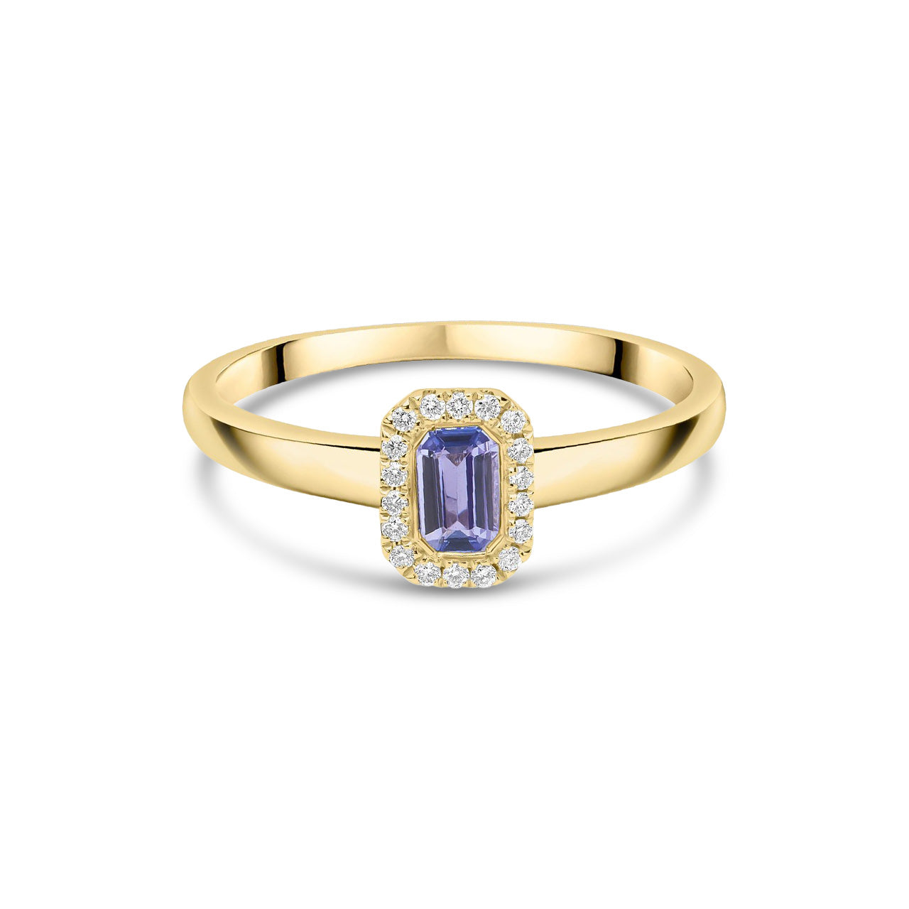 18ct Yellow Gold Octagonal Emerald Cut Natural Tanzanite and Diamond Halo Cluster Ring