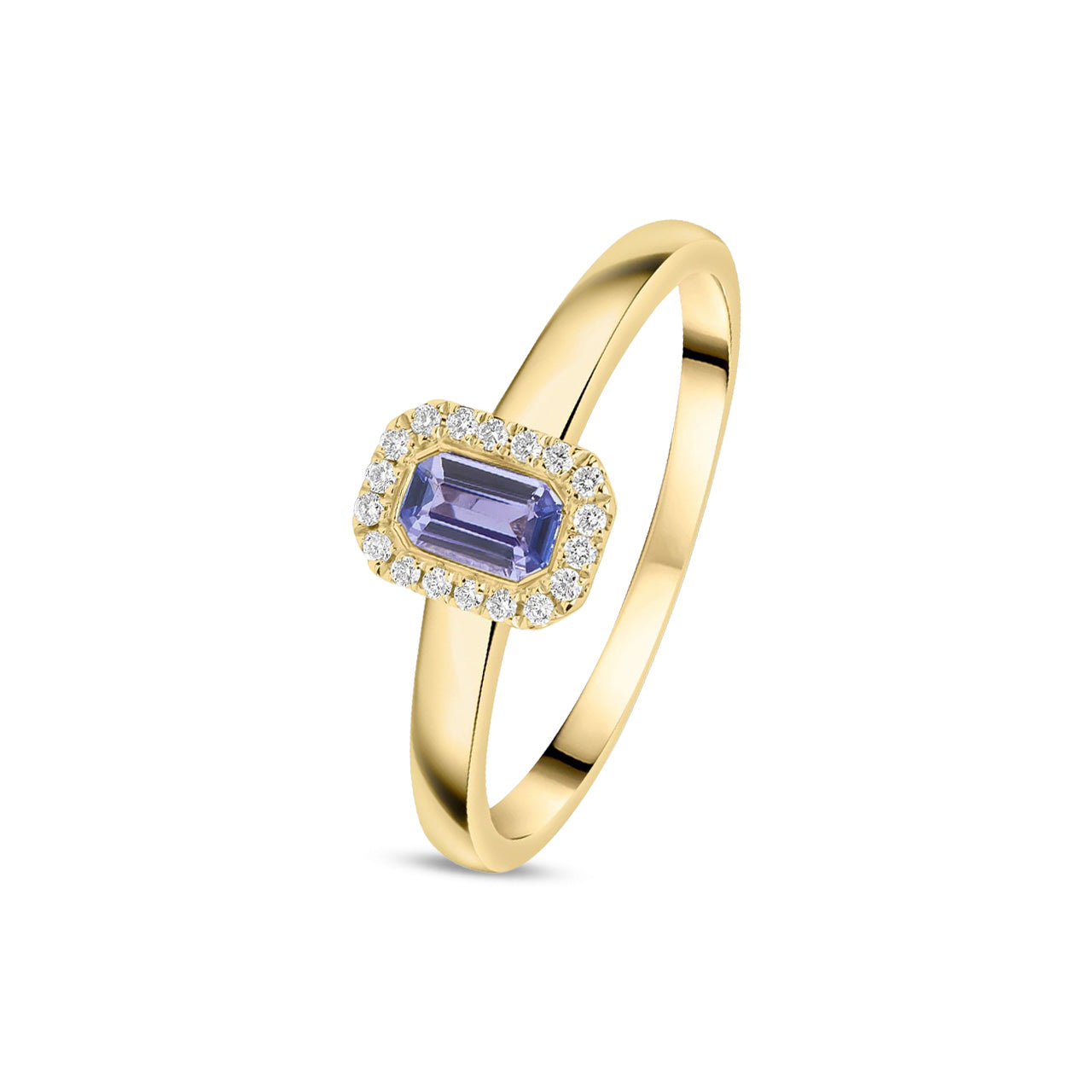 18ct Yellow Gold Octagonal Emerald Cut Natural Tanzanite and Diamond Halo Cluster Ring