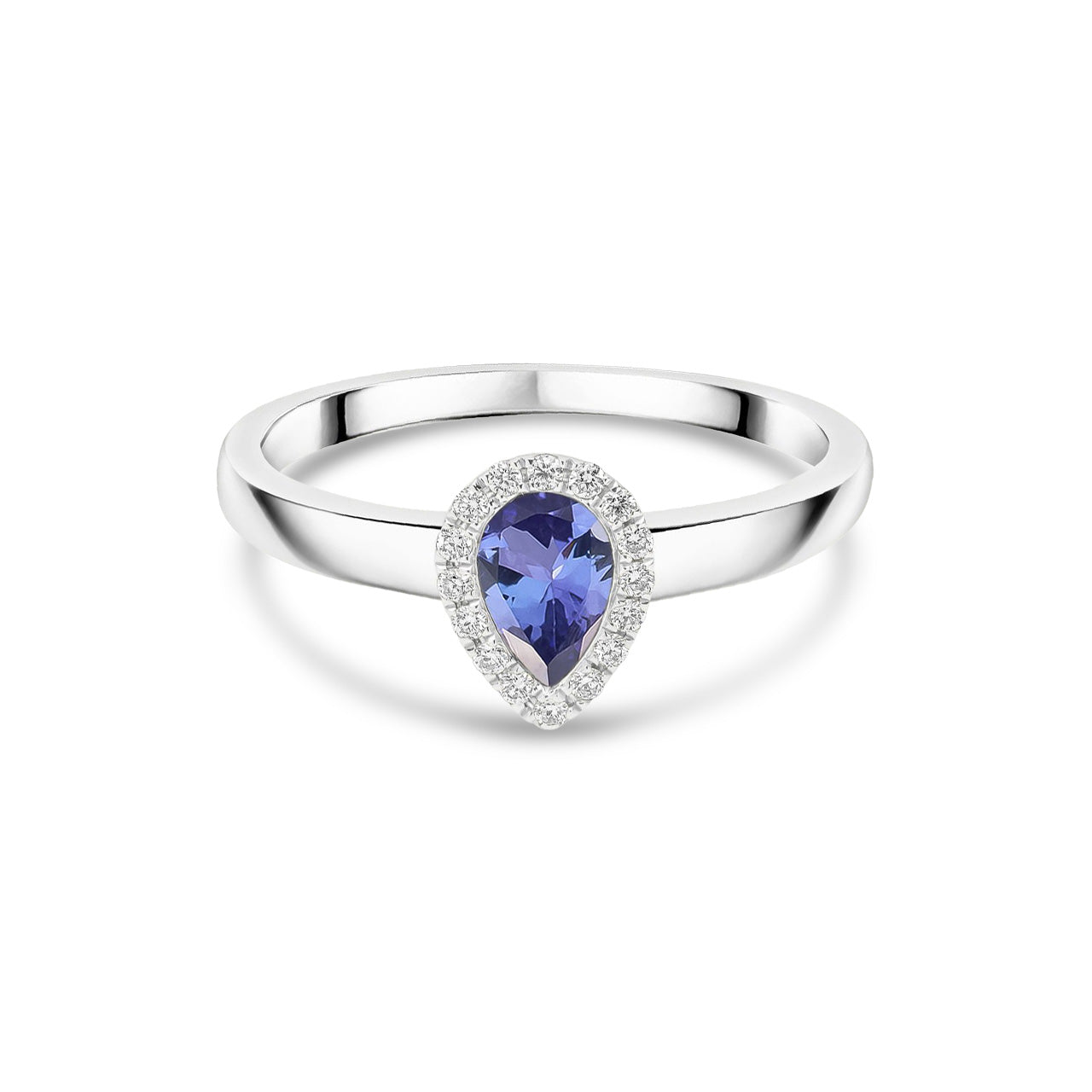 18ct White Gold Pear Shaped Natural Tanzanite and Diamond Halo Cluster Ring