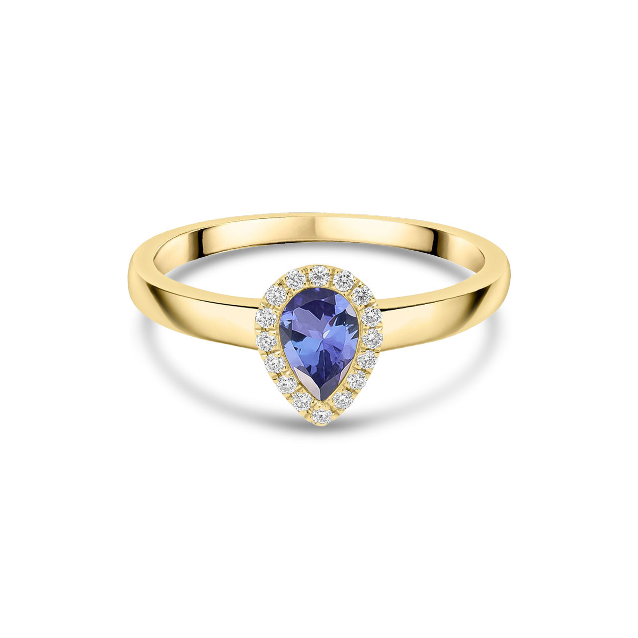 18ct Yellow Gold Pear Shaped Natural Tanzanite and Diamond Halo Cluster Ring