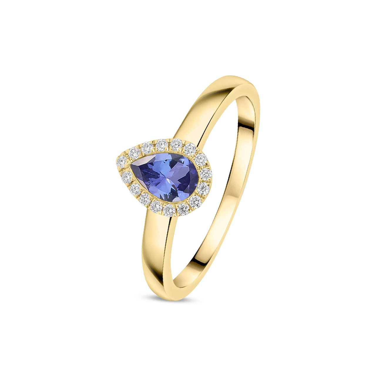 18ct Yellow Gold Pear Shaped Natural Tanzanite and Diamond Halo Cluster Ring