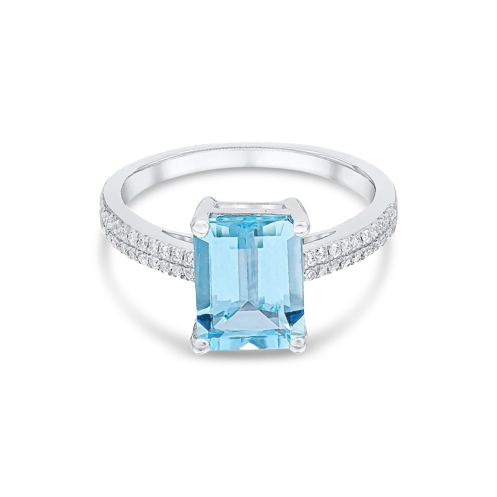 18ct White Gold Claw Octagonal Emerald Cut Natural Aquamarine Ring with Two Row Pave Set Diamond Shoulders — 9x7mm