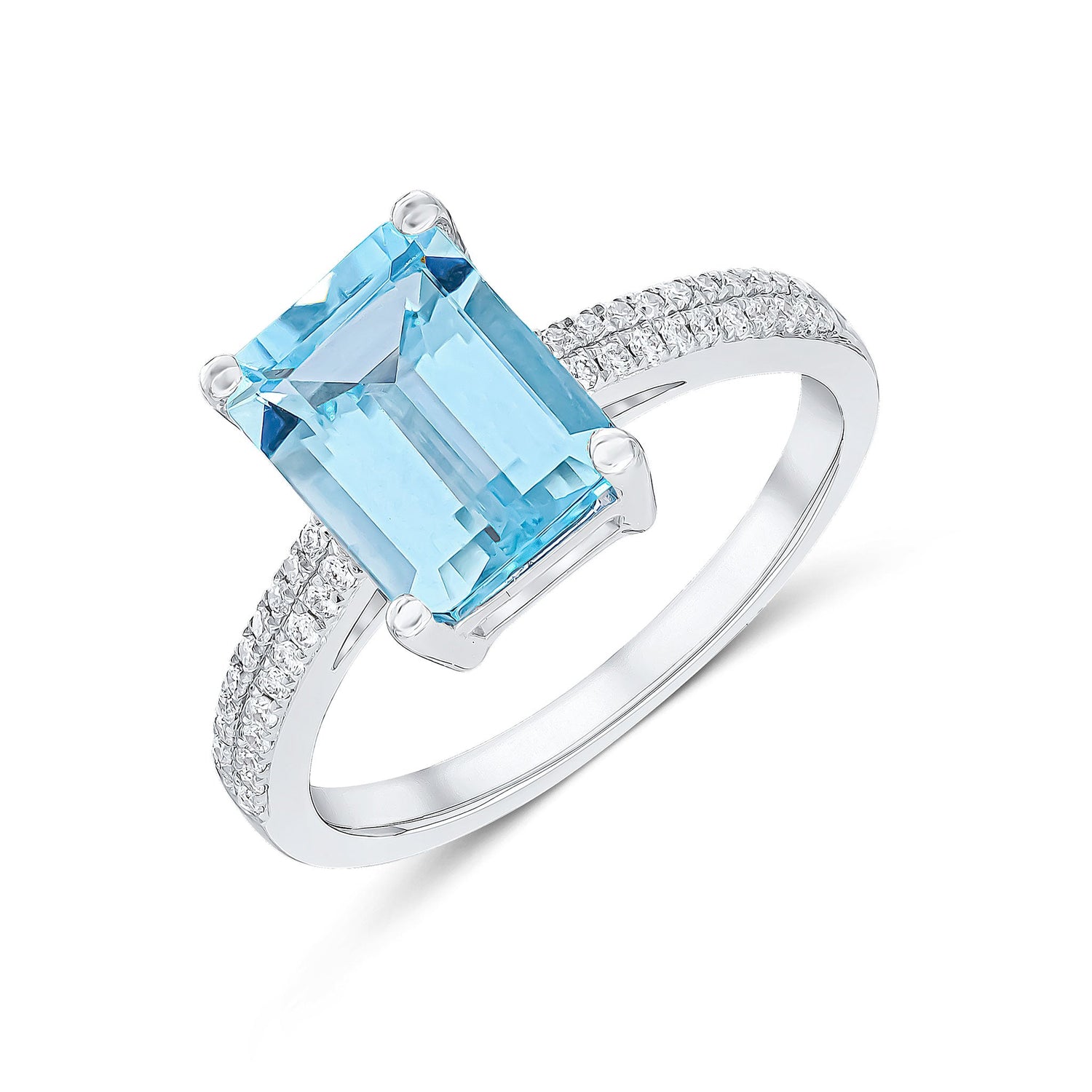 18ct White Gold Claw Set Emerald Cut Aquamarine Ring with Two Row Pave Set Diamond Shoulders — 9x7mm