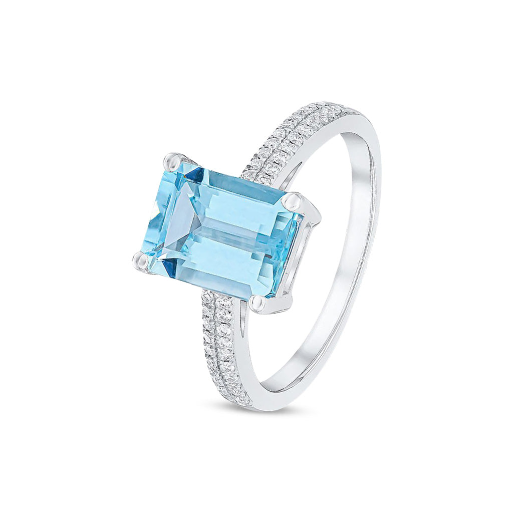 18ct White Gold Claw Octagonal Emerald Cut Natural Aquamarine Ring with Two Row Pave Set Diamond Shoulders — 9x7mm