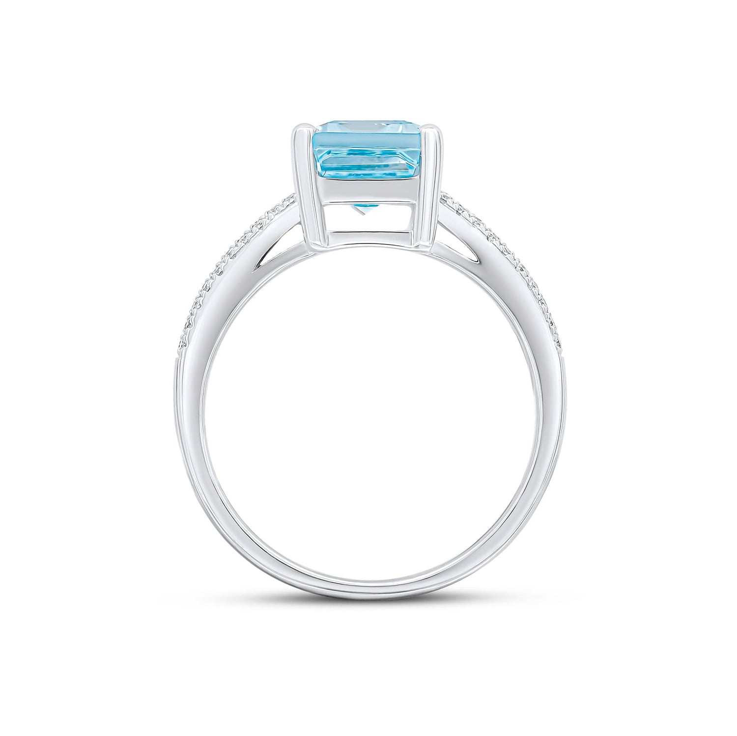 18ct White Gold Claw Set Emerald Cut Aquamarine Ring with Two Row Pave Set Diamond Shoulders — 9x7mm