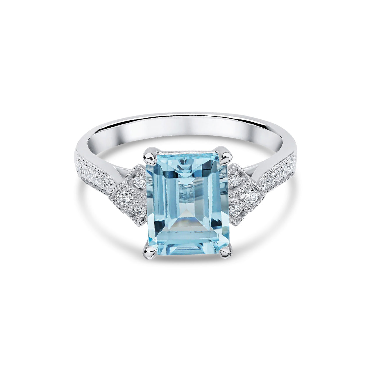 18ct White Gold Octagonal Emerald Cut Natural Aquamarine Ring with Diamond Millegrain Shoulders Motifs — 9x7mm