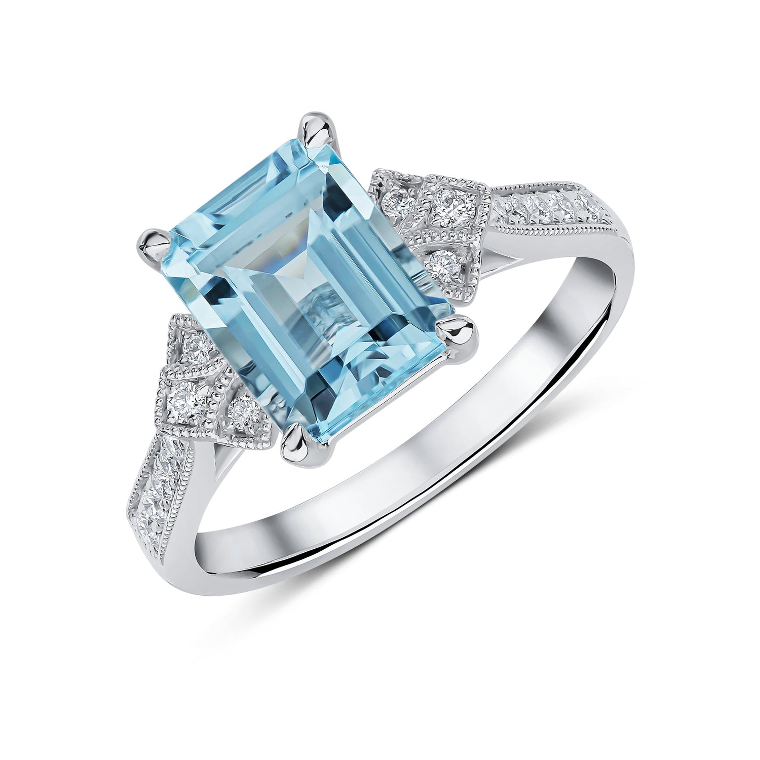 18ct White Gold Emerald Cut Natural Aquamarine Ring with Diamond Millegrain Shoulders Motifs — 9x7mm