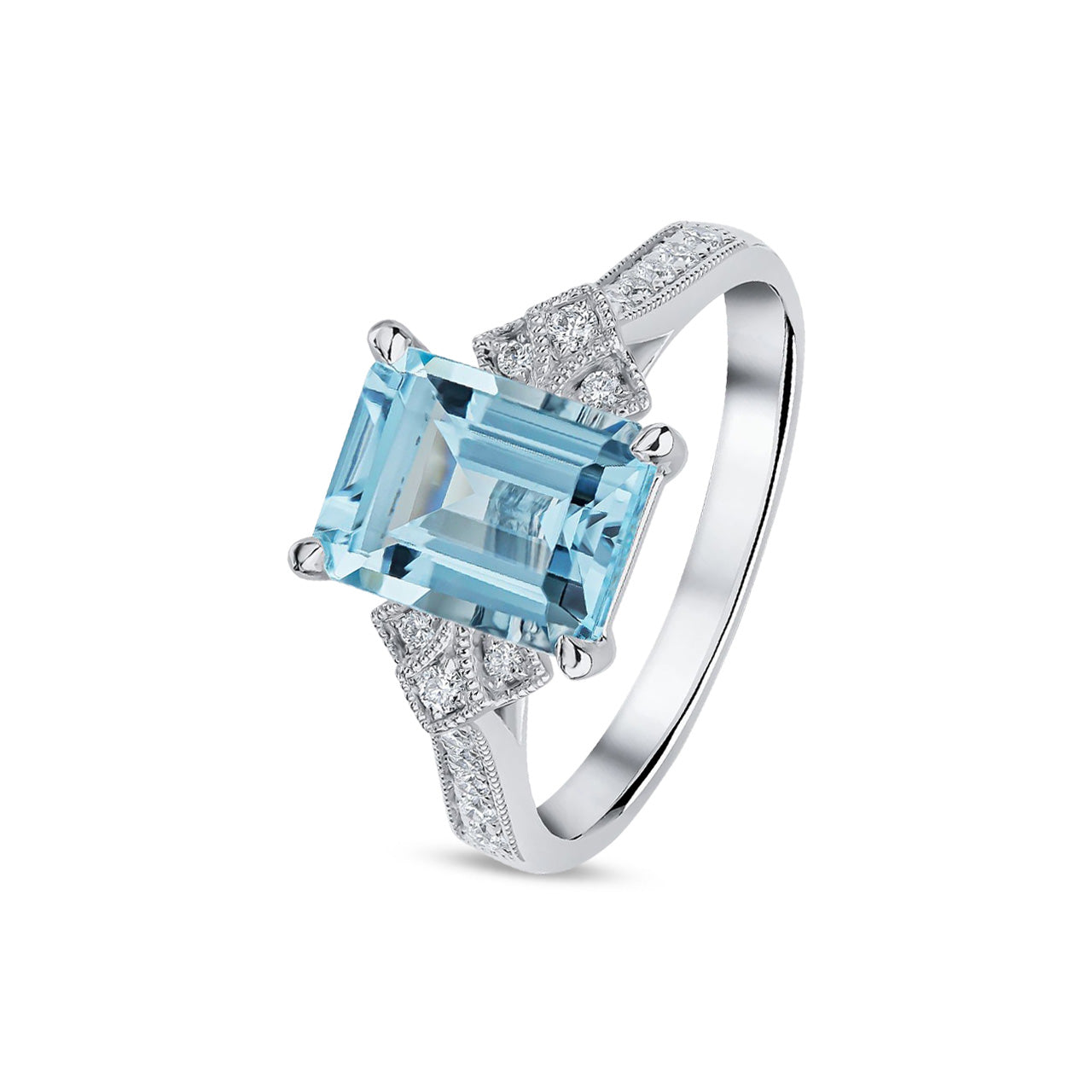 18ct White Gold Octagonal Emerald Cut Natural Aquamarine Ring with Diamond Millegrain Shoulders Motifs — 9x7mm