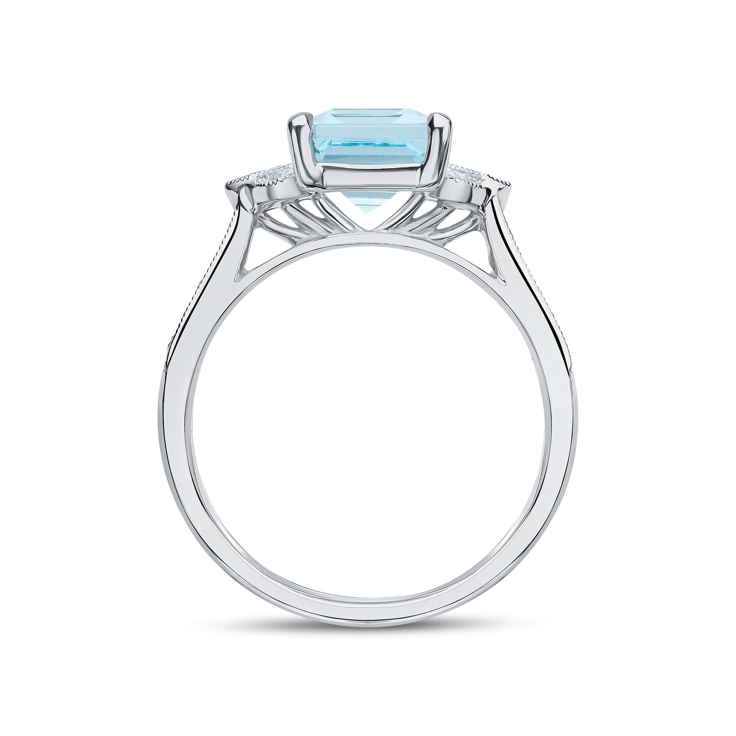 18ct White Gold Emerald Cut Natural Aquamarine Ring with Diamond Millegrain Shoulders Motifs — 9x7mm