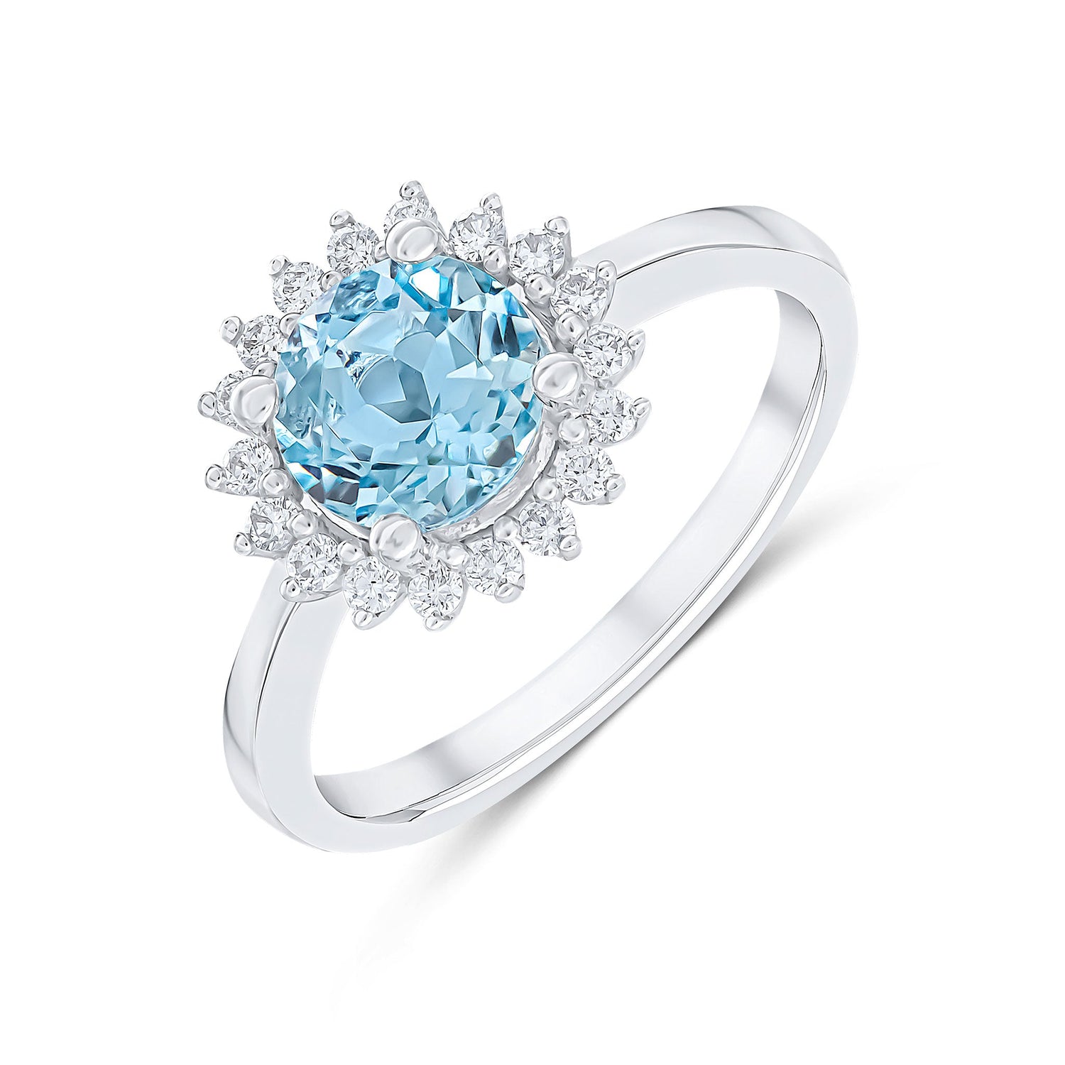 18ct White Gold Round Aquamarine & Diamond Cluster Ring